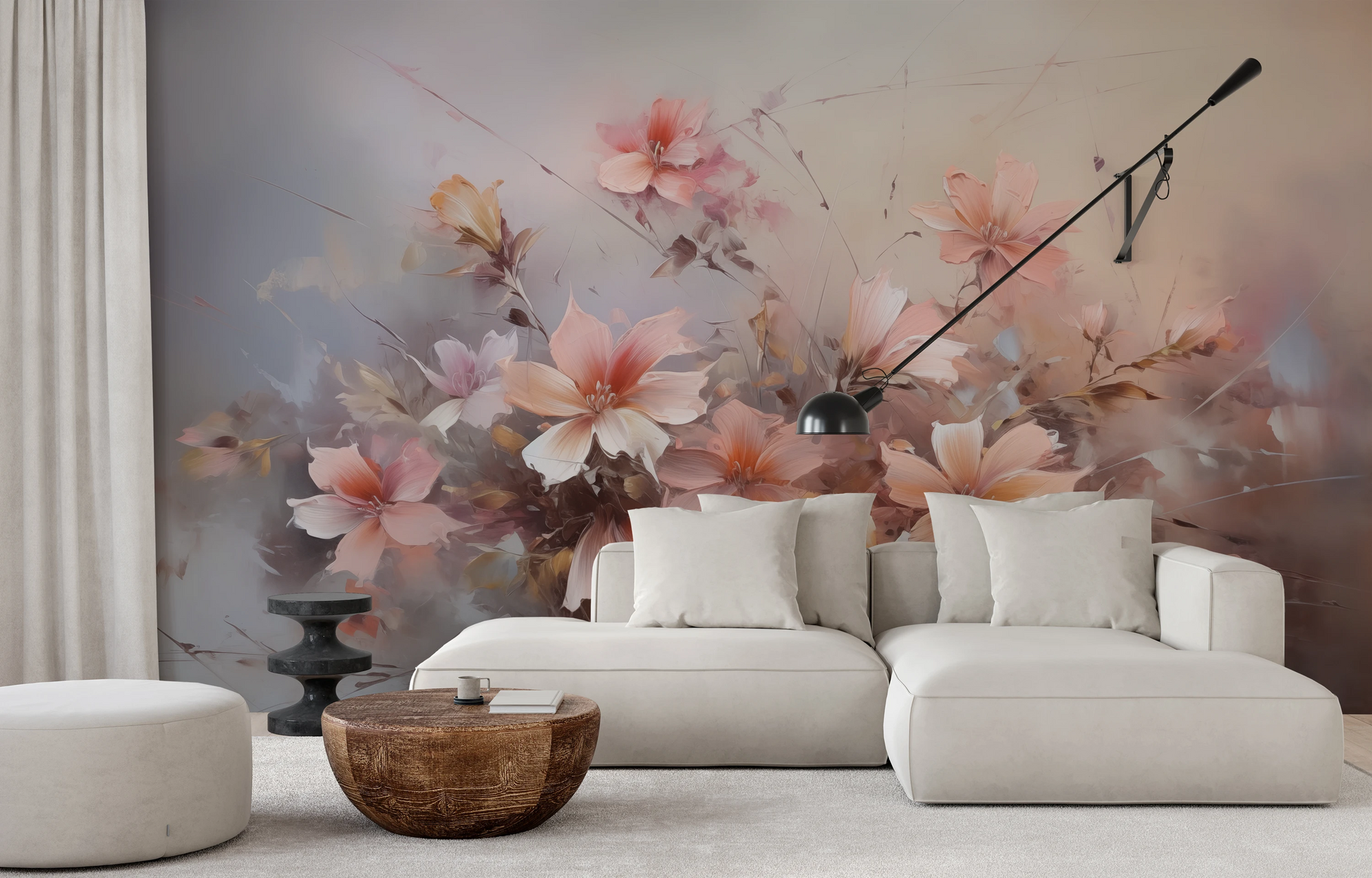 Wzór fototapety artystycznej o nazwie Blossom Haze pokazanej w aranżacji wnętrza.