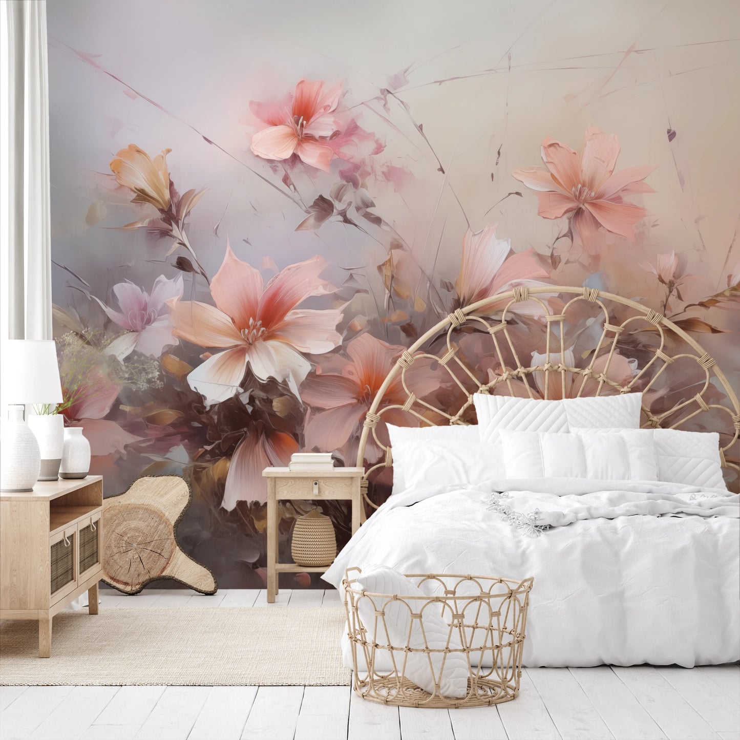 Wzór fototapety o nazwie Blossom Haze pokazanej w kontekście pomieszczenia.