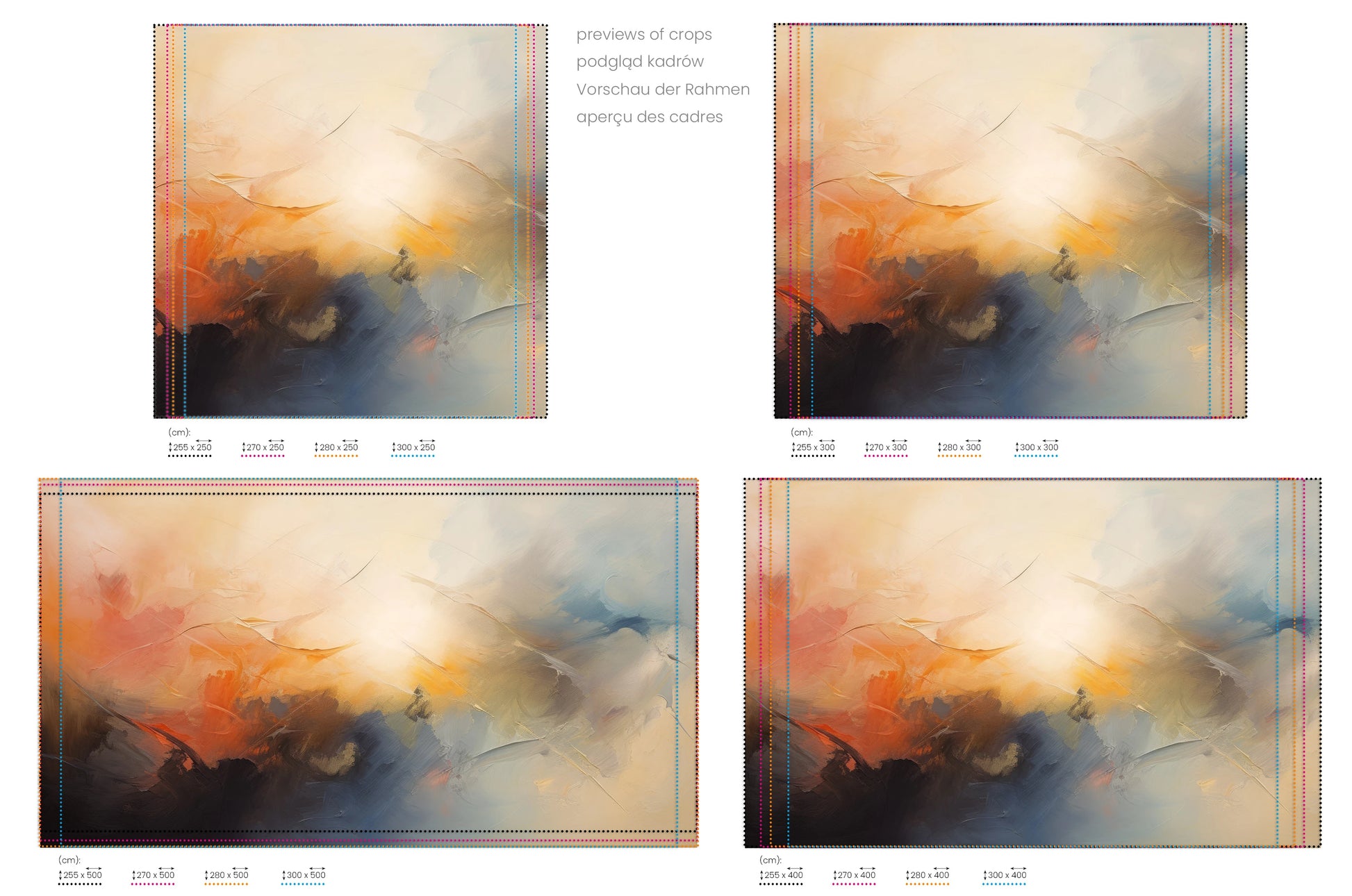 Na obrazie znajduje się prezentacja przykładowych rozmiarów fototapety o nazwie Abstract Horizons #2. Rozmiar fototapety jest dowolny.