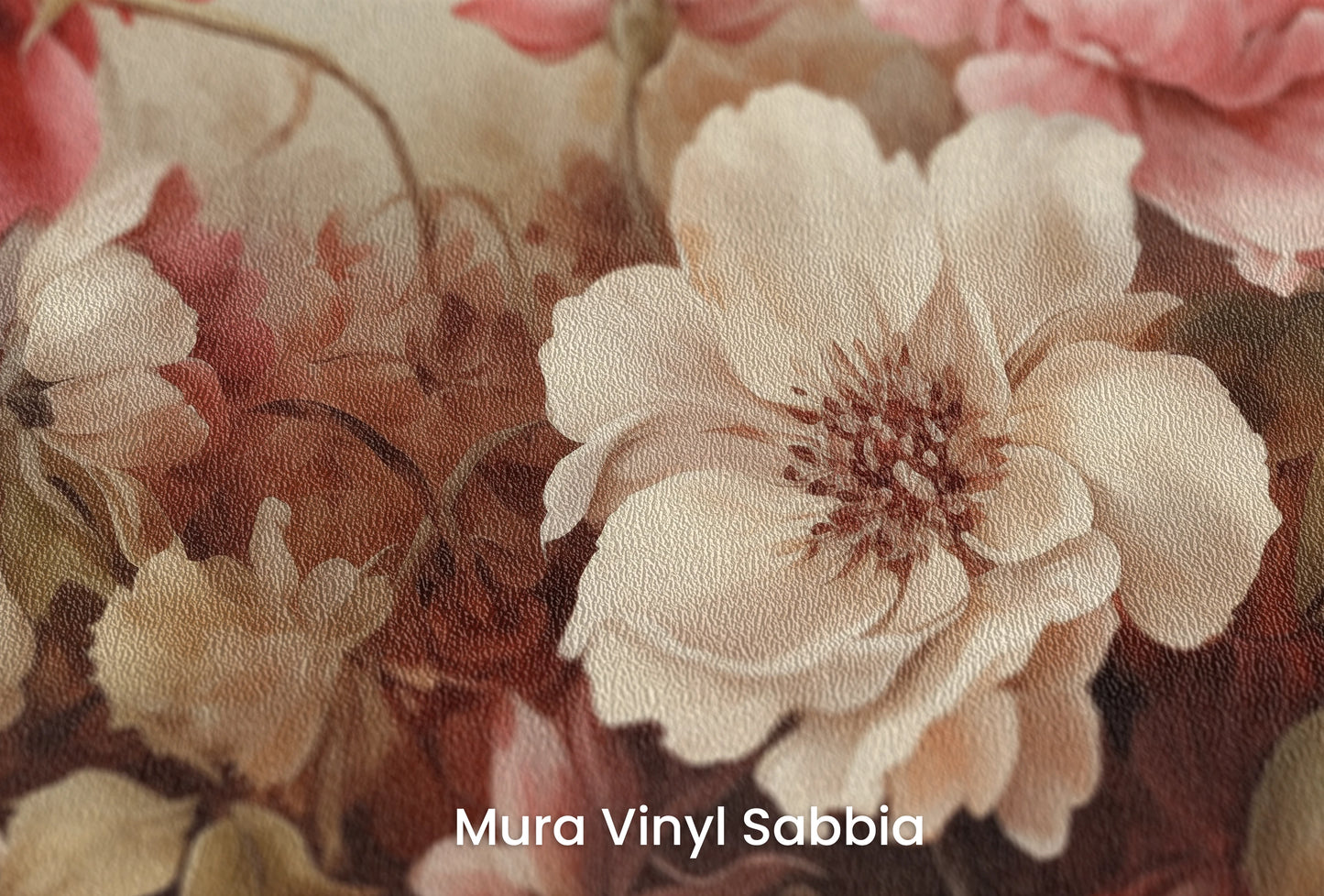 Zbliżenie na artystyczną fototapetę o nazwie Velvet Bloom na podłożu Mura Vinyl Sabbia struktura grubego ziarna piasku.