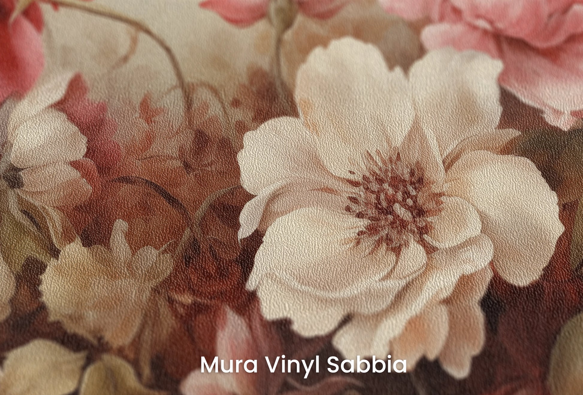 Zbliżenie na artystyczną fototapetę o nazwie Velvet Bloom na podłożu Mura Vinyl Sabbia struktura grubego ziarna piasku.
