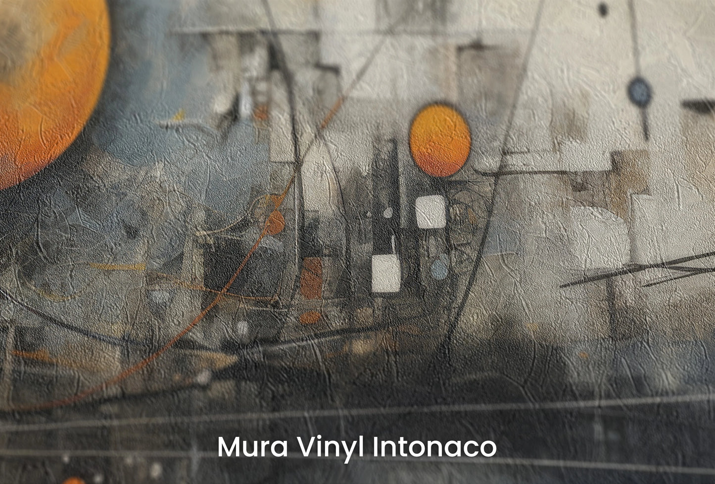 Zbliżenie na artystyczną fototapetę o nazwie Orbital Complexity na podłożu Mura Vinyl Intonaco - struktura tartego tynku.