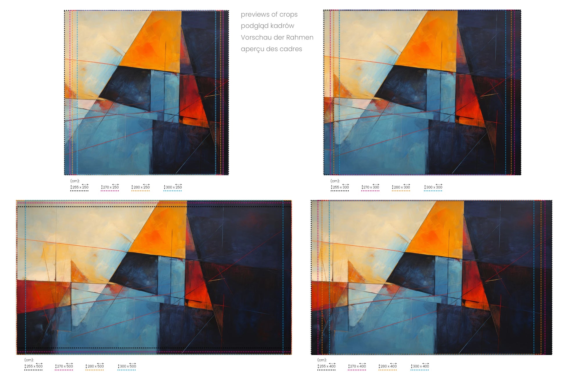 Na obrazie znajduje się prezentacja przykładowych rozmiarów fototapety o nazwie Colorful Geometry #3. Rozmiar fototapety jest dowolny.