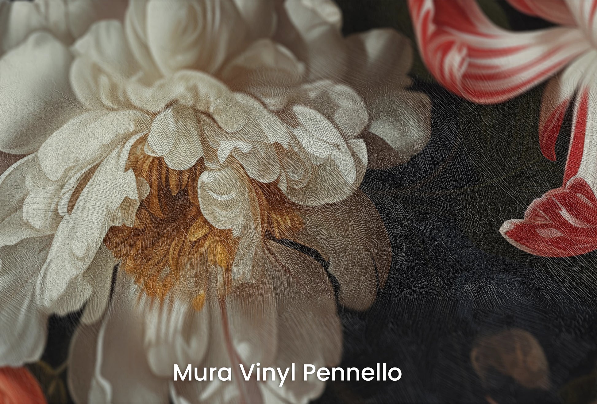 Zbliżenie na artystyczną fototapetę o nazwie Baroque Splendor na podłożu Mura Vinyl Pennello - faktura pociągnięć pędzla malarskiego.