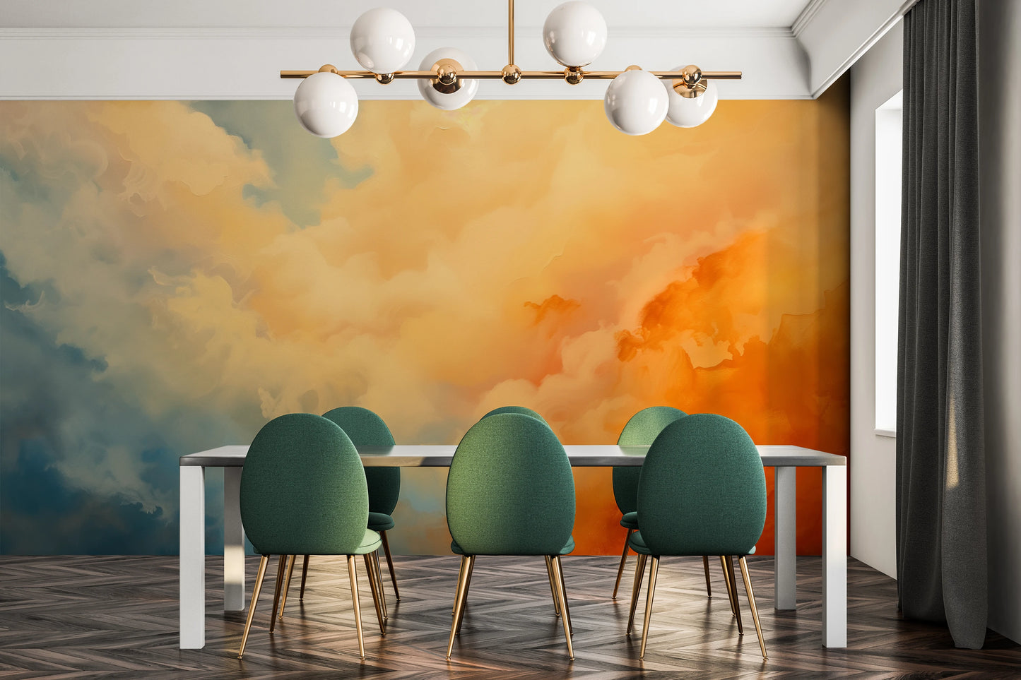 Wzór fototapety artystycznej o nazwie Sunset Mirage pokazanej w aranżacji wnętrza.