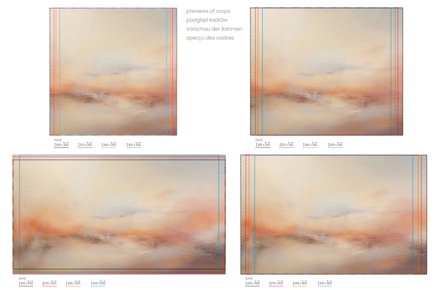 Na obrazie znajduje się prezentacja przykładowych rozmiarów fototapety o nazwie MORNING MIST ABLAZE. Rozmiar fototapety jest dowolny.