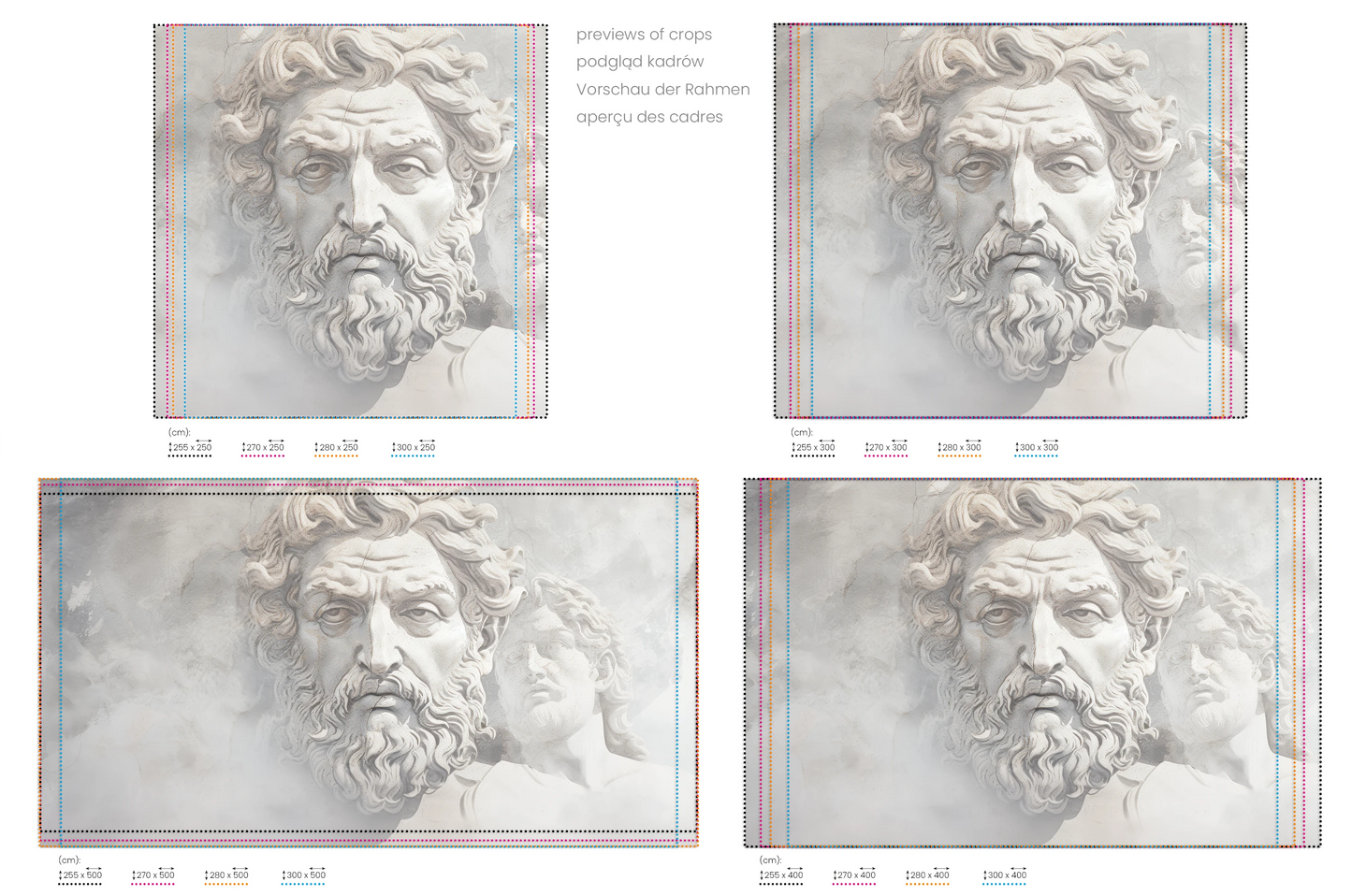 Na obrazie znajduje się prezentacja przykładowych rozmiarów fototapety o nazwie Olympian Gaze. Rozmiar fototapety jest dowolny.