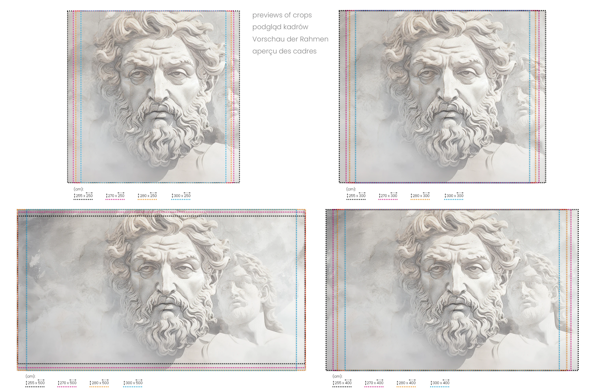 Na obrazie znajduje się prezentacja przykładowych rozmiarów fototapety o nazwie Olympian Gaze. Rozmiar fototapety jest dowolny.