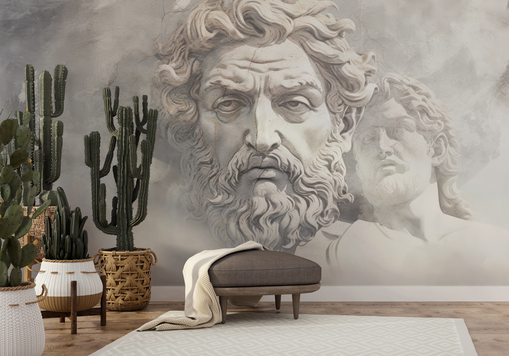 Wzór fototapety malowanej o nazwie Olympian Gaze pokazanej w aranżacji wnętrza.