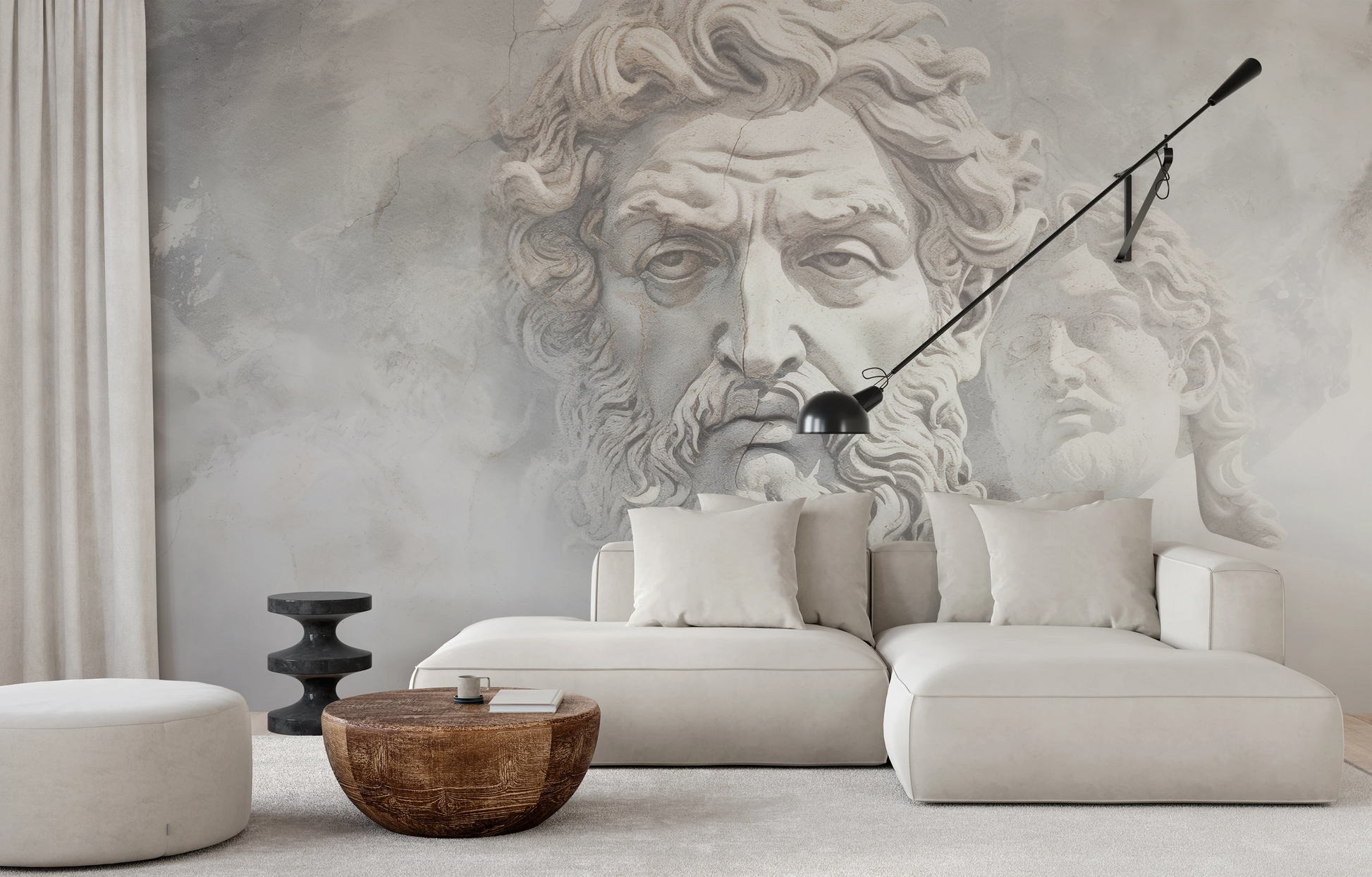 Zdjęcie prezentuje aranżację wnętrza z użyciem fototapety o nazwie Olympian Gaze pokazanej w aranżacji wnętrza.