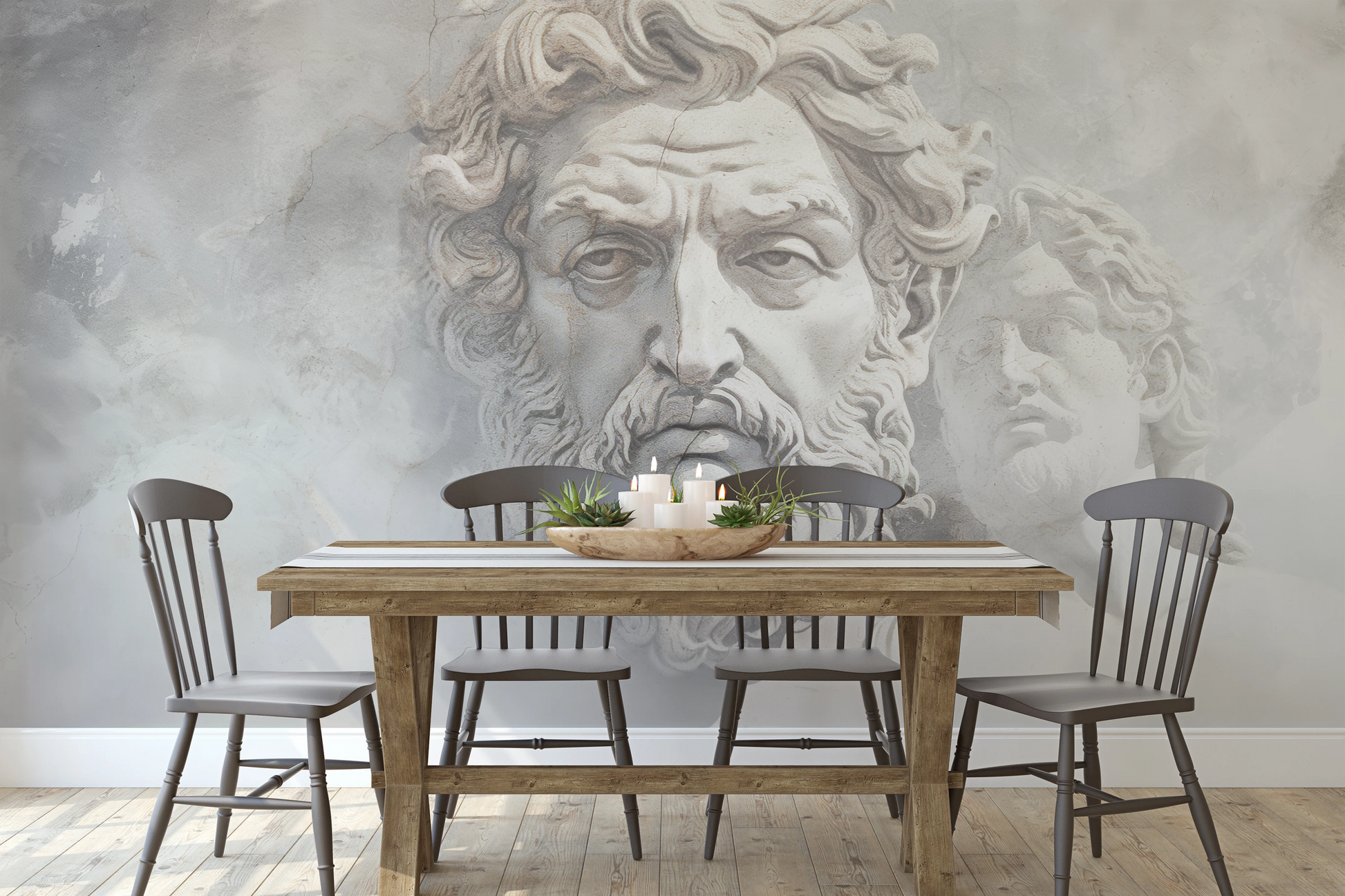 Wzór fototapety artystycznej o nazwie Olympian Gaze pokazanej w aranżacji wnętrza.