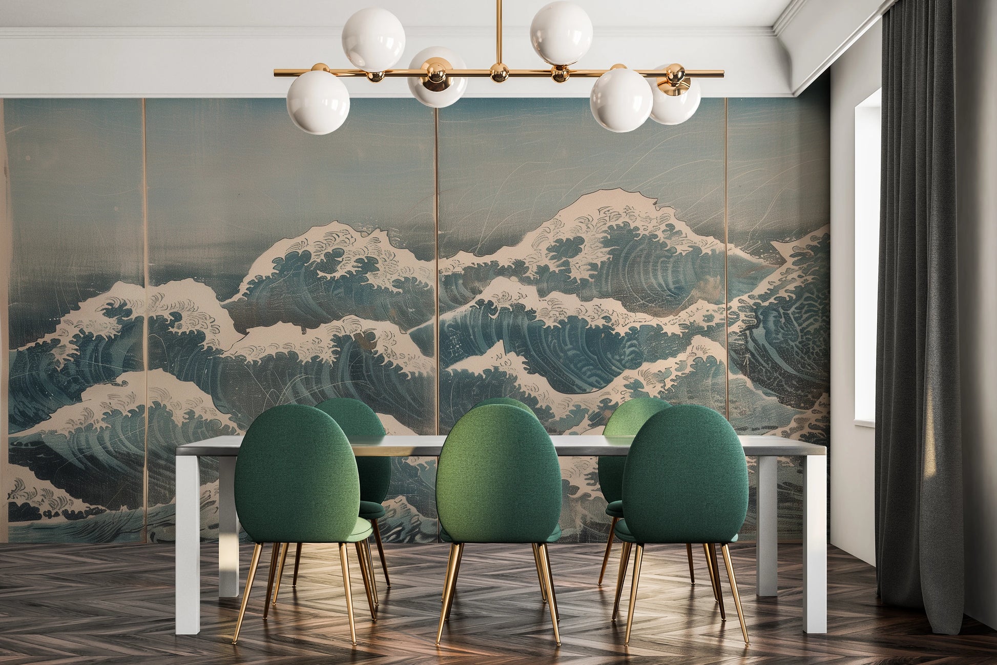 Wzór fototapety malowanej o nazwie Serene Ocean Hues pokazanej w aranżacji wnętrza.