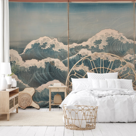 Wzór fototapety artystycznej o nazwie Serene Ocean Hues pokazanej w aranżacji wnętrza.