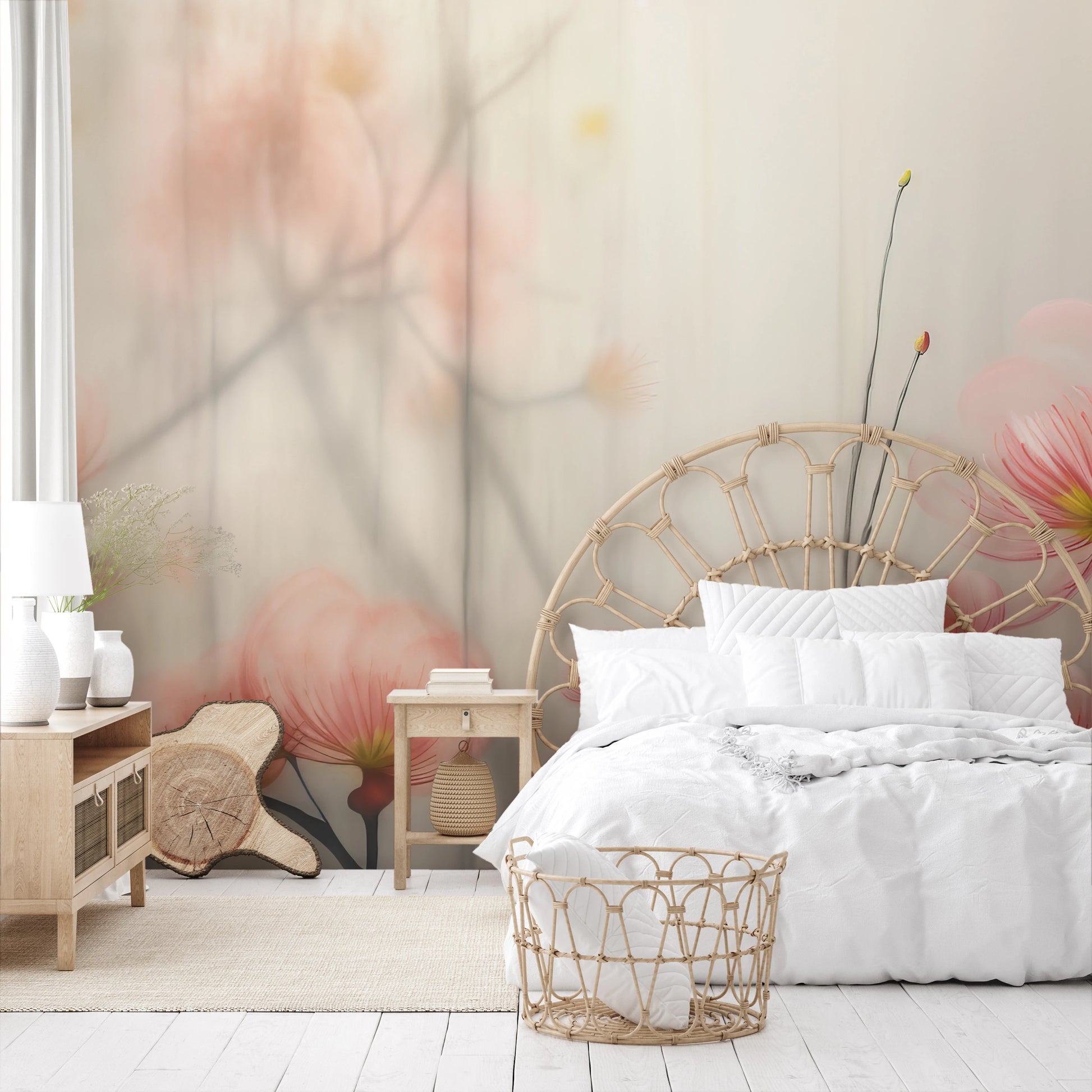 Zdjęcie prezentuje aranżację wnętrza z użyciem fototapety o nazwie Morning Blush pokazanej w aranżacji wnętrza.