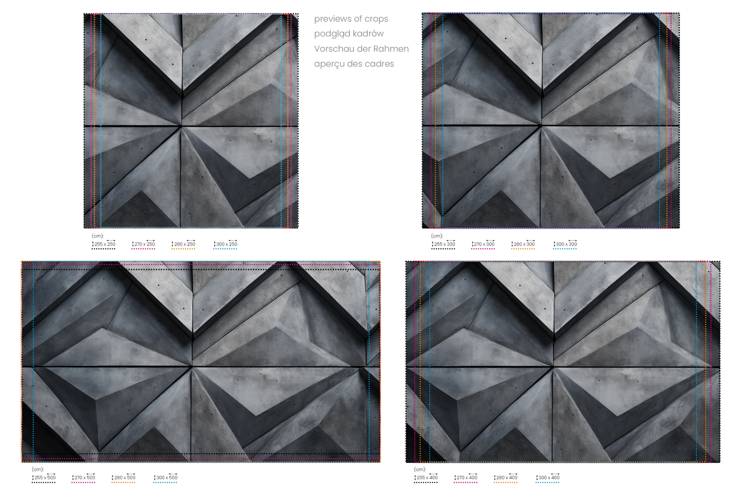 Na obrazie znajduje się prezentacja przykładowych rozmiarów fototapety o nazwie Dimensional Weave. Rozmiar fototapety jest dowolny.
