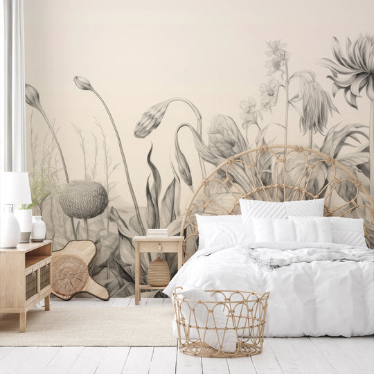 Wzór fototapety artystycznej o nazwie Poppy Field Sketch pokazanej w aranżacji wnętrza.