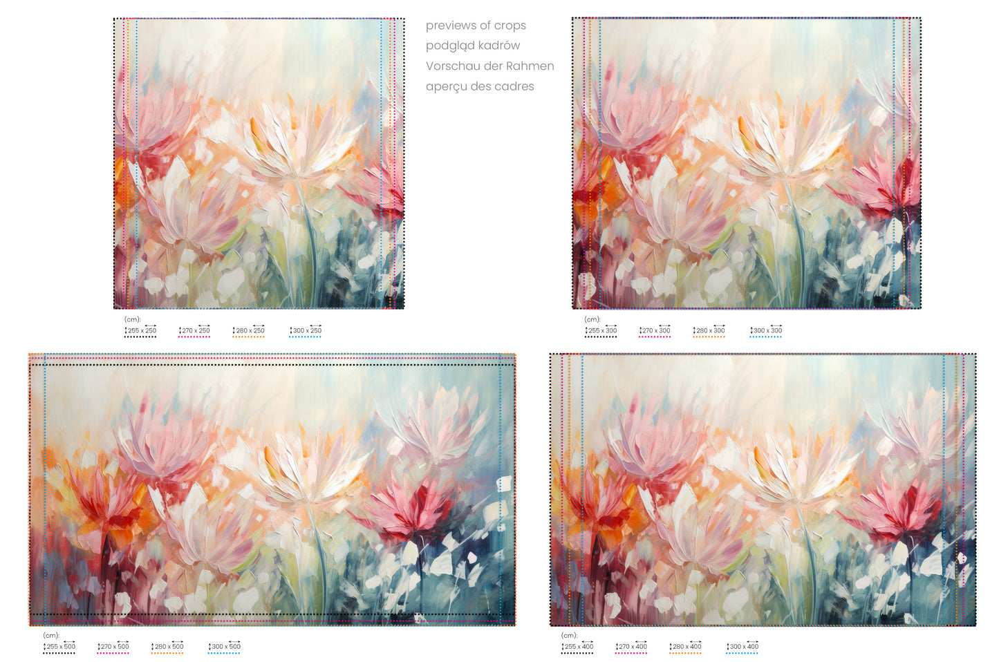 Na obrazie znajduje się prezentacja przykładowych rozmiarów fototapety o nazwie Radiant Petal Fusion. Rozmiar fototapety jest dowolny.