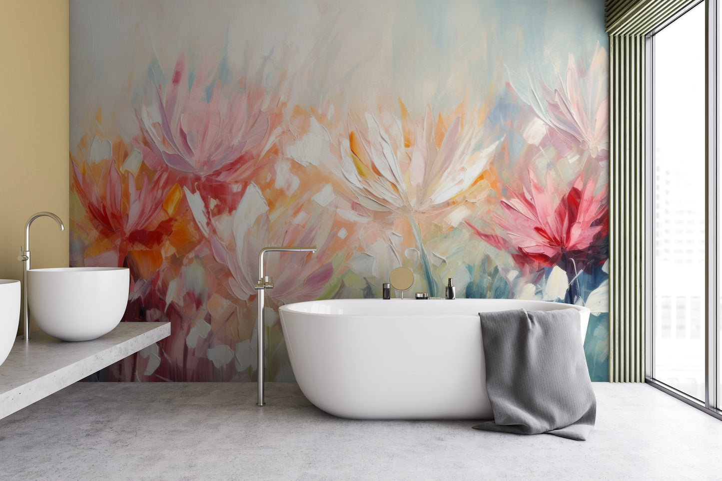 Fototapeta artystyczna o nazwie Radiant Petal Fusion pokazana w aranżacji wnętrza.