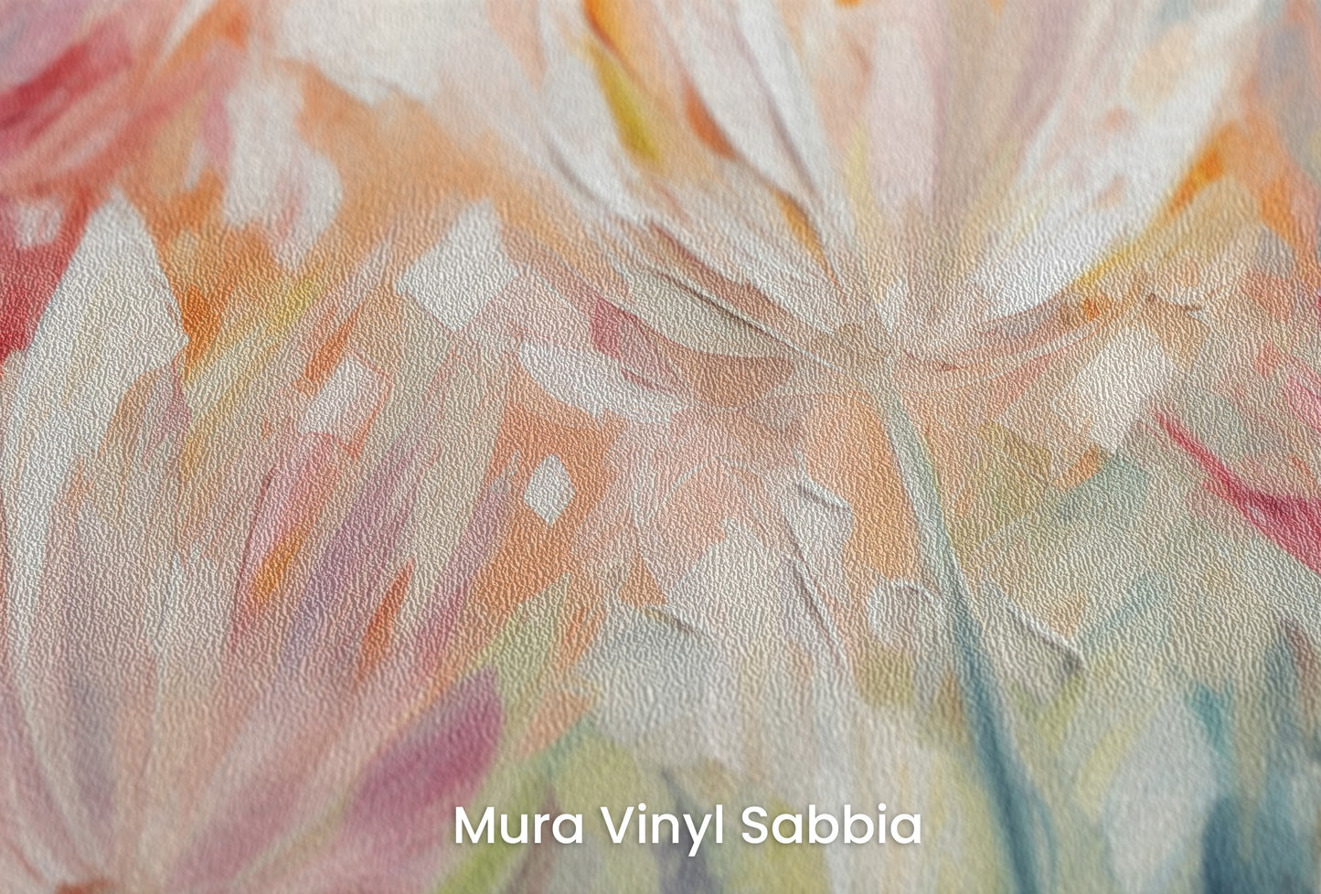 Zbliżenie na artystyczną fototapetę o nazwie Radiant Petal Fusion na podłożu Mura Vinyl Sabbia struktura grubego ziarna piasku.