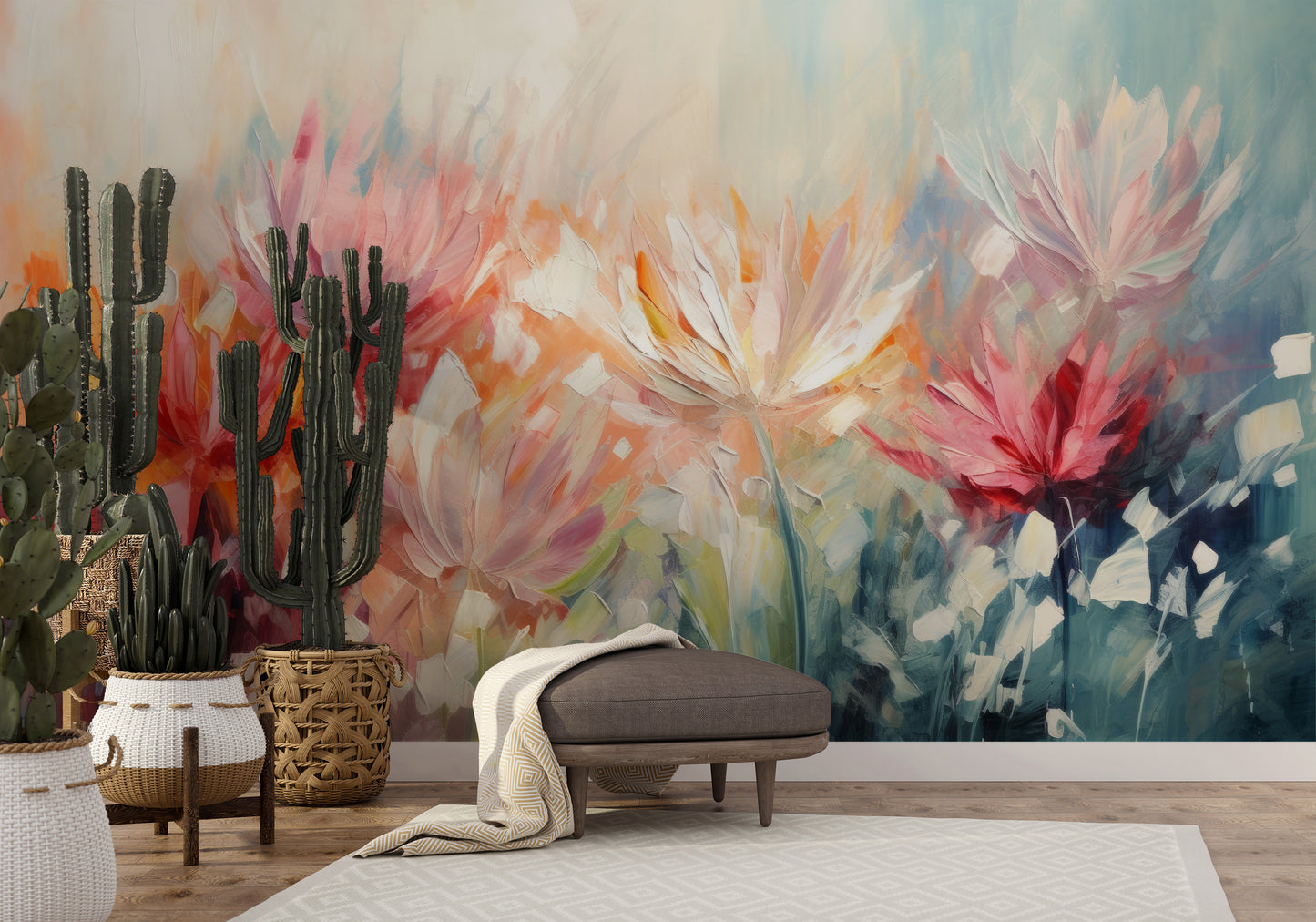 Wzór fototapety malowanej o nazwie Radiant Petal Fusion pokazanej w aranżacji wnętrza.