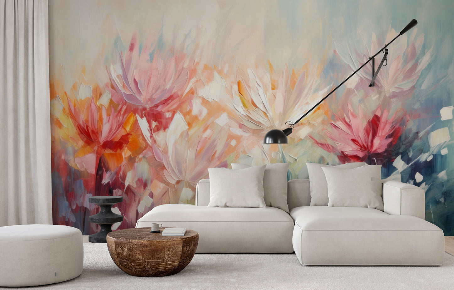 Wzór fototapety artystycznej o nazwie Radiant Petal Fusion pokazanej w aranżacji wnętrza.