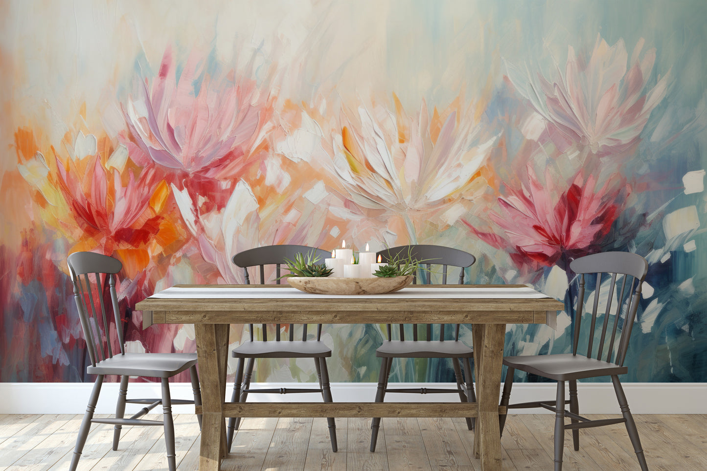 Fototapeta malowana o nazwie Radiant Petal Fusion pokazana w aranżacji wnętrza.