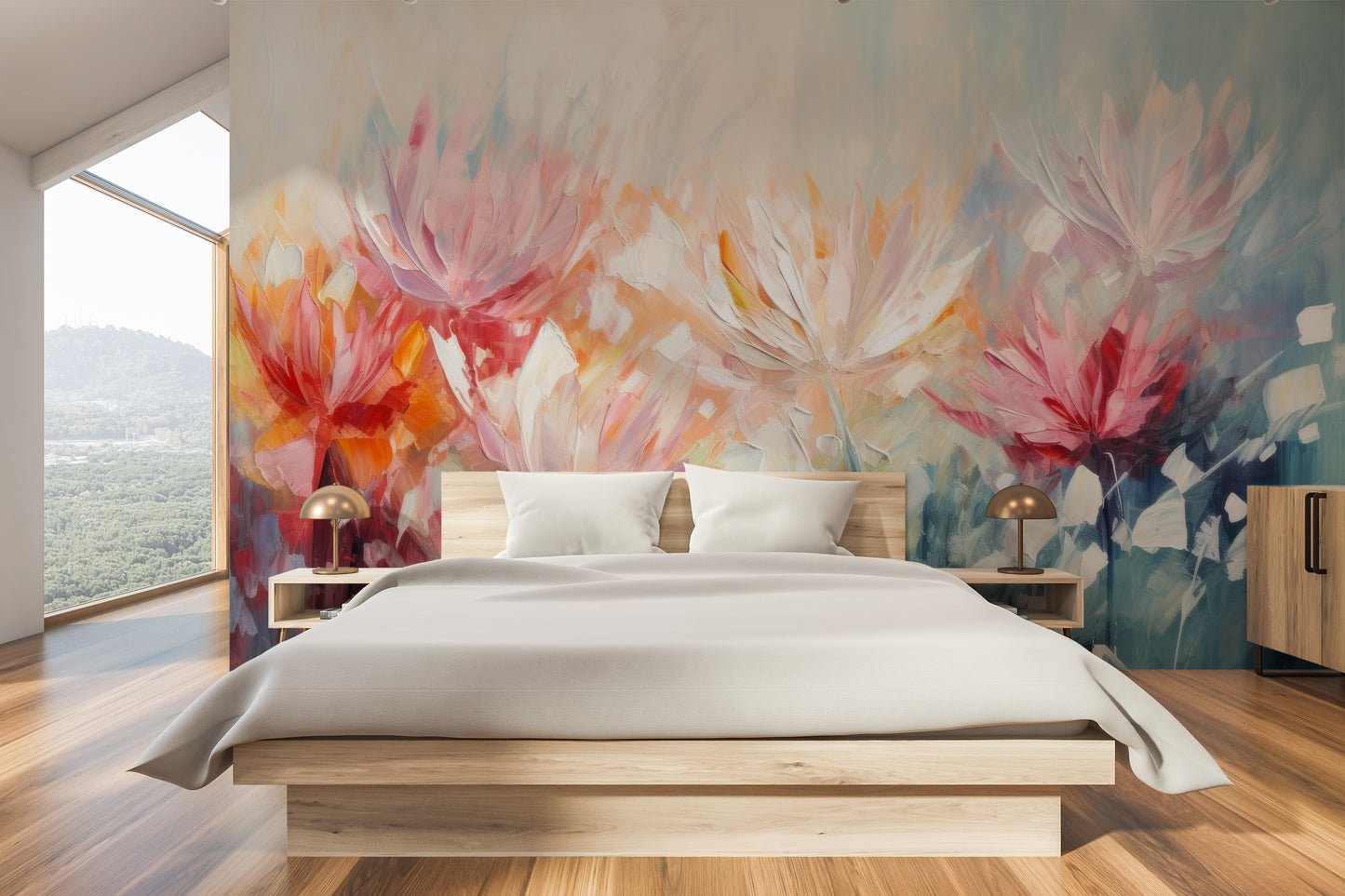 Wzór fototapety o nazwie Radiant Petal Fusion pokazanej w kontekście pomieszczenia.