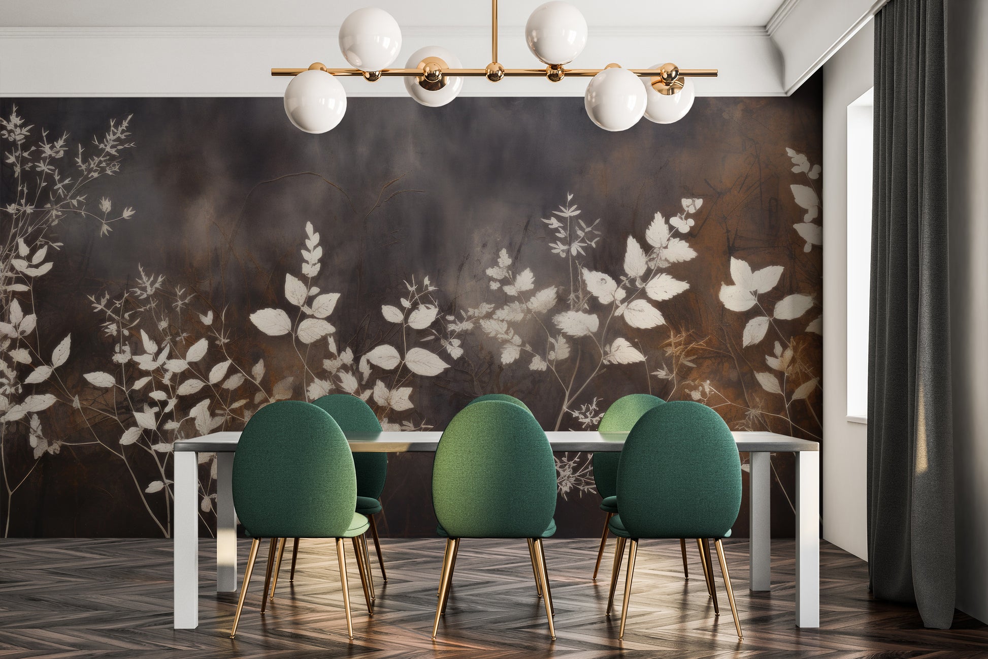 Wzór fototapety o nazwie Misty Floral Contrast pokazanej w kontekście pomieszczenia.