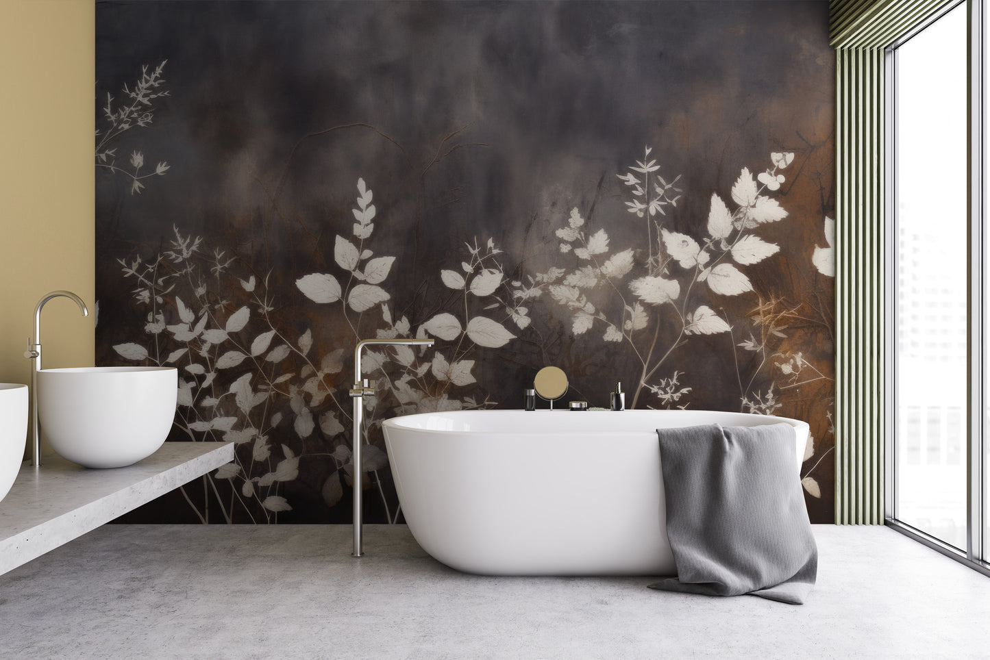 Wzór fototapety artystycznej o nazwie Misty Floral Contrast pokazanej w aranżacji wnętrza.