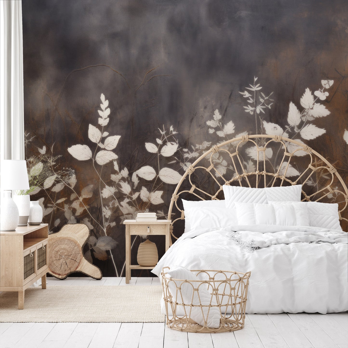 Fototapeta artystyczna o nazwie Misty Floral Contrast pokazana w aranżacji wnętrza.