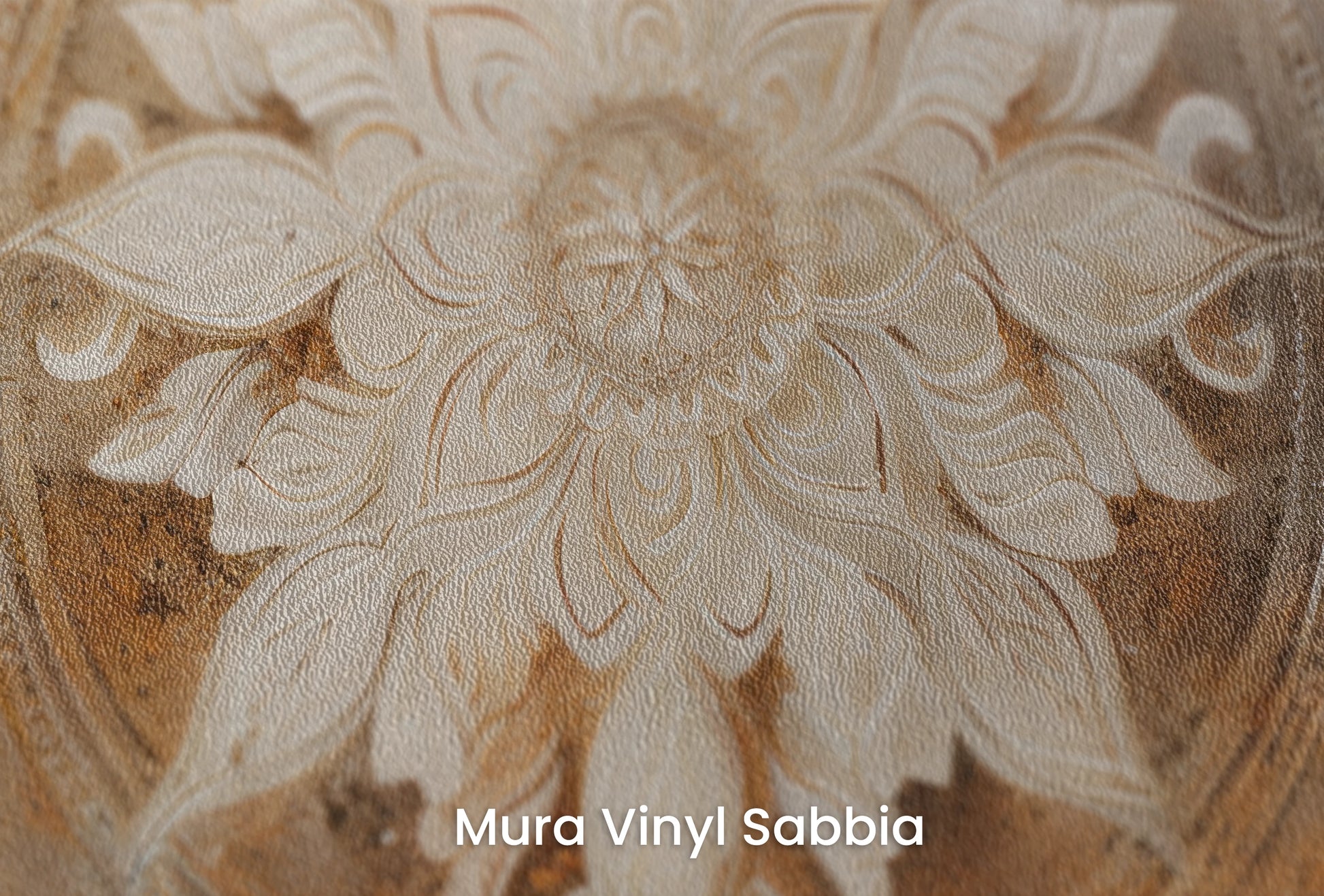 Zbliżenie na artystyczną fototapetę o nazwie Ancient Shield na podłożu Mura Vinyl Sabbia struktura grubego ziarna piasku.