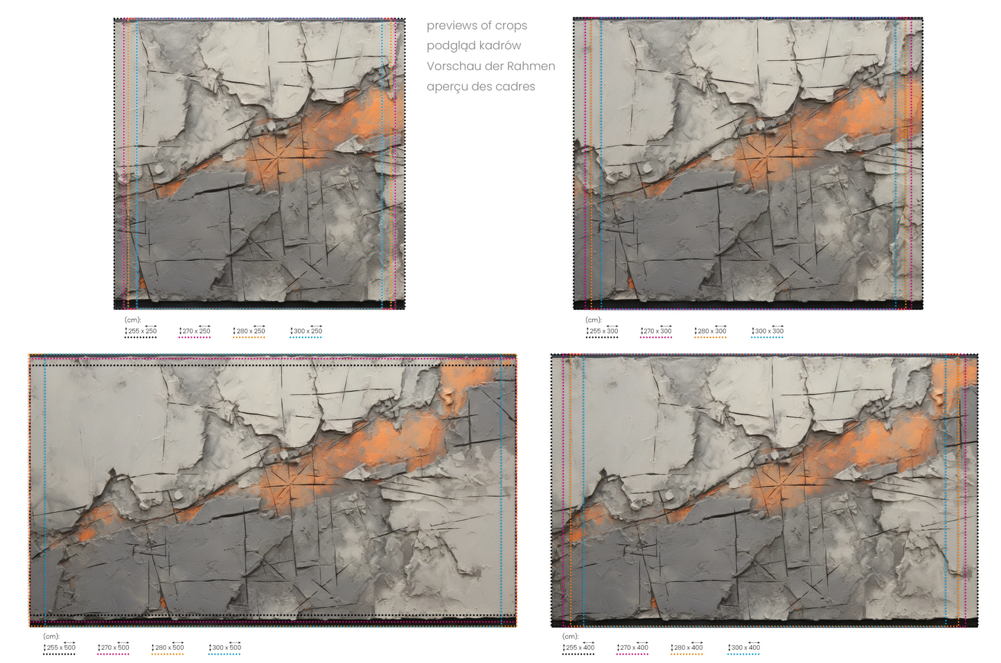 Na obrazie znajduje się prezentacja przykładowych rozmiarów fototapety o nazwie Lava Cracks. Rozmiar fototapety jest dowolny.