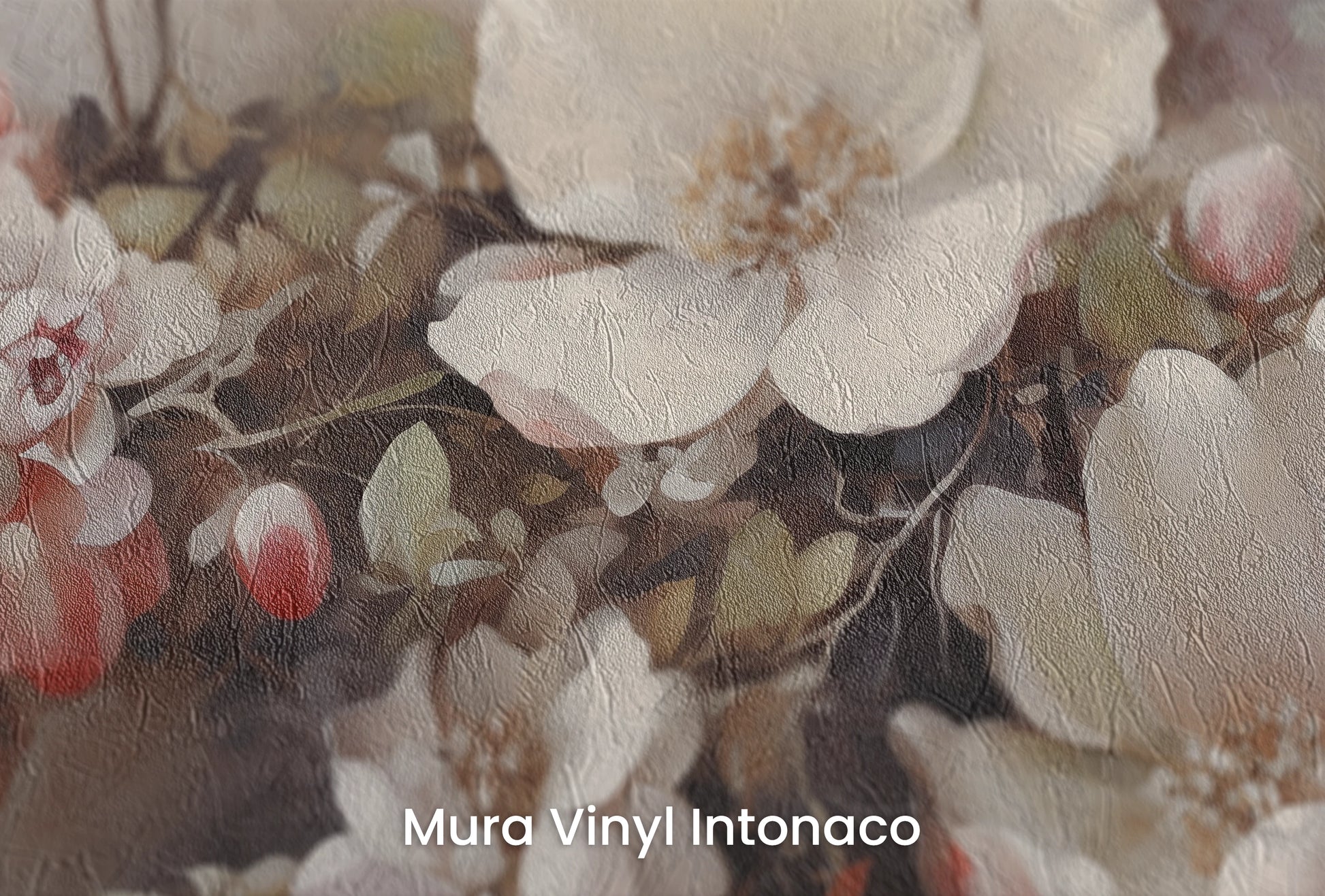 Zbliżenie na artystyczną fototapetę o nazwie Mystic Garden na podłożu Mura Vinyl Intonaco - struktura tartego tynku.