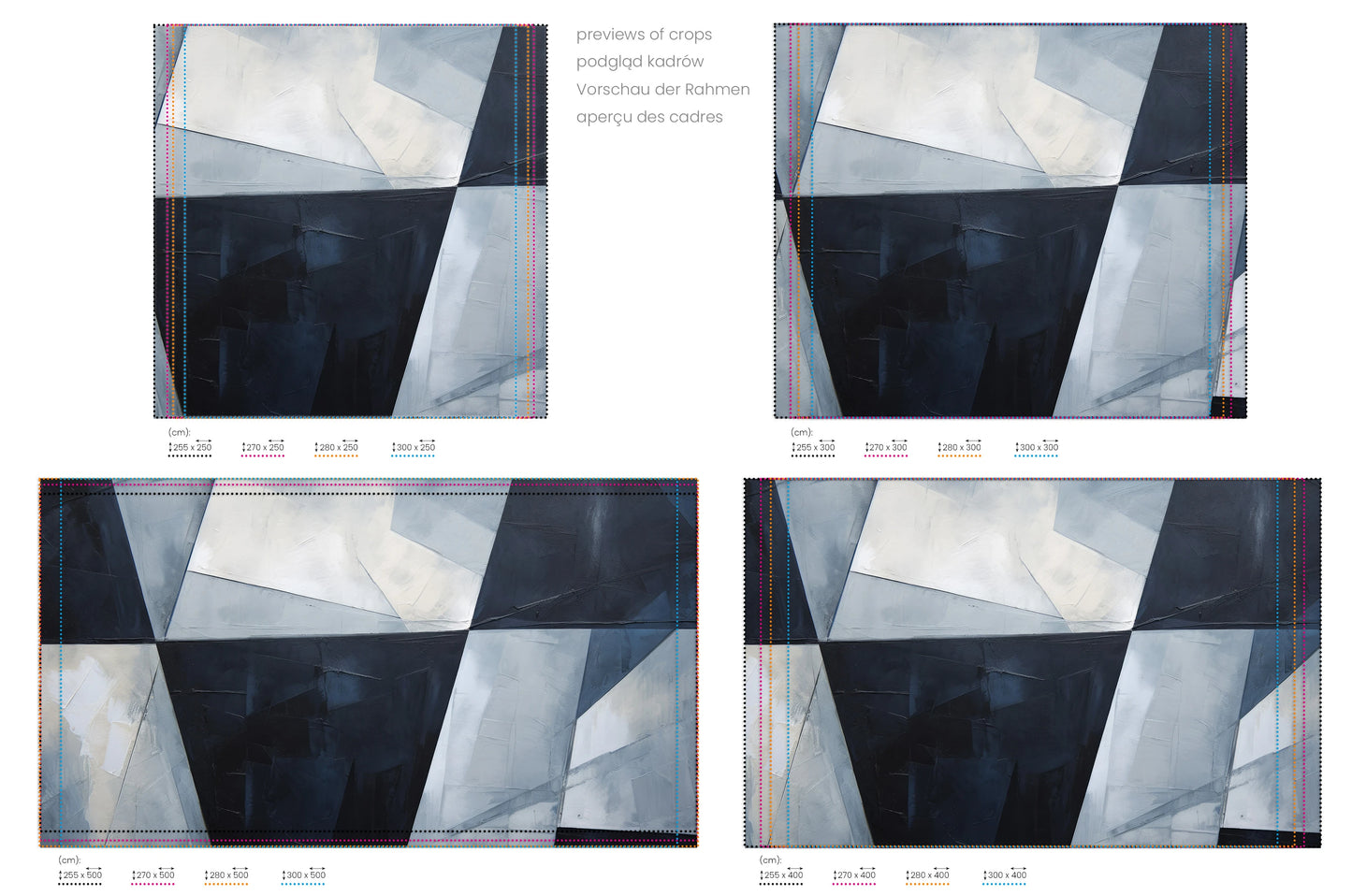 Na obrazie znajduje się prezentacja przykładowych rozmiarów fototapety o nazwie Geometric Shadows #2. Rozmiar fototapety jest dowolny.