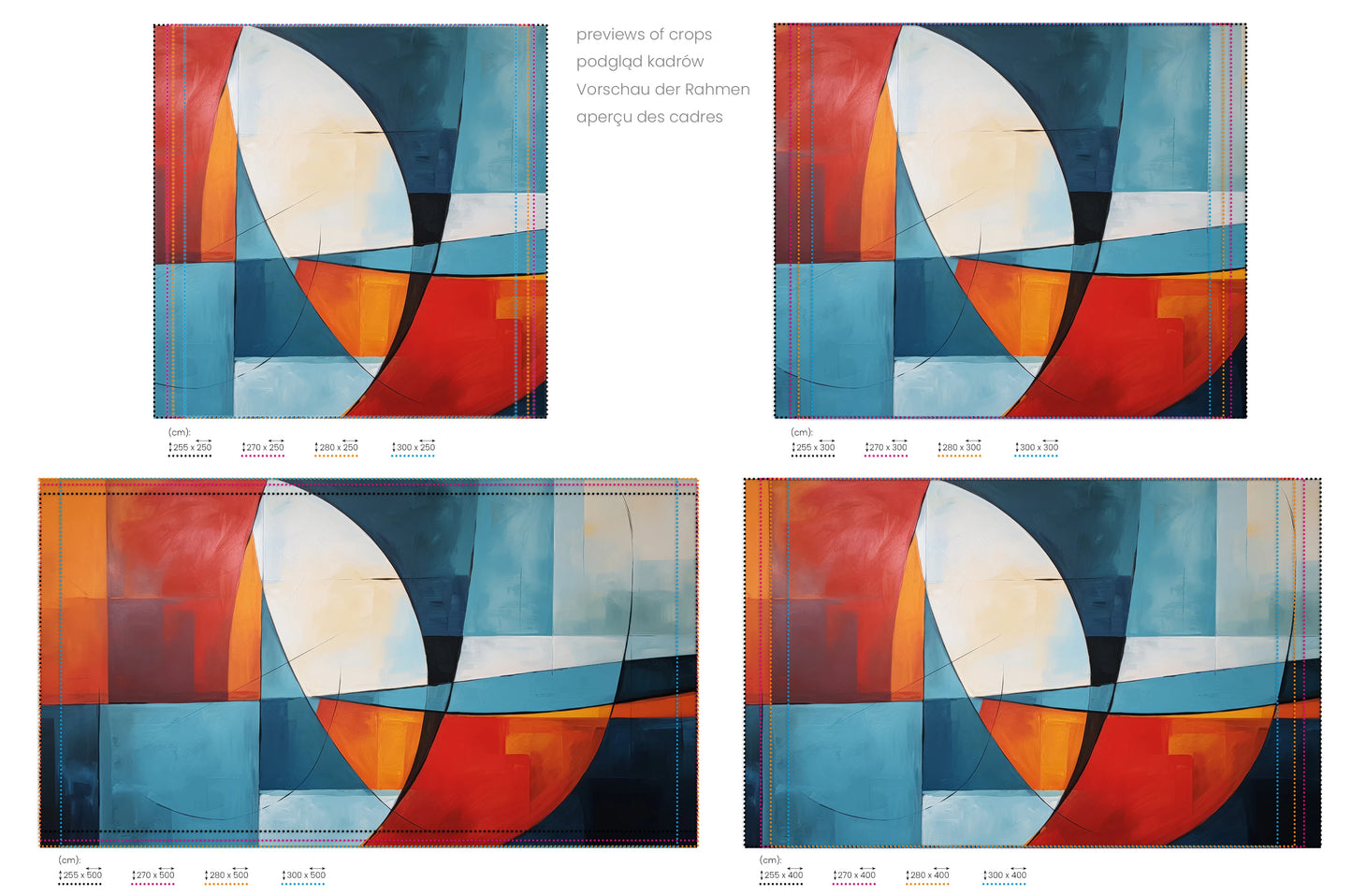 Na obrazie znajduje się prezentacja przykładowych rozmiarów fototapety o nazwie Abstract Harmony. Rozmiar fototapety jest dowolny.