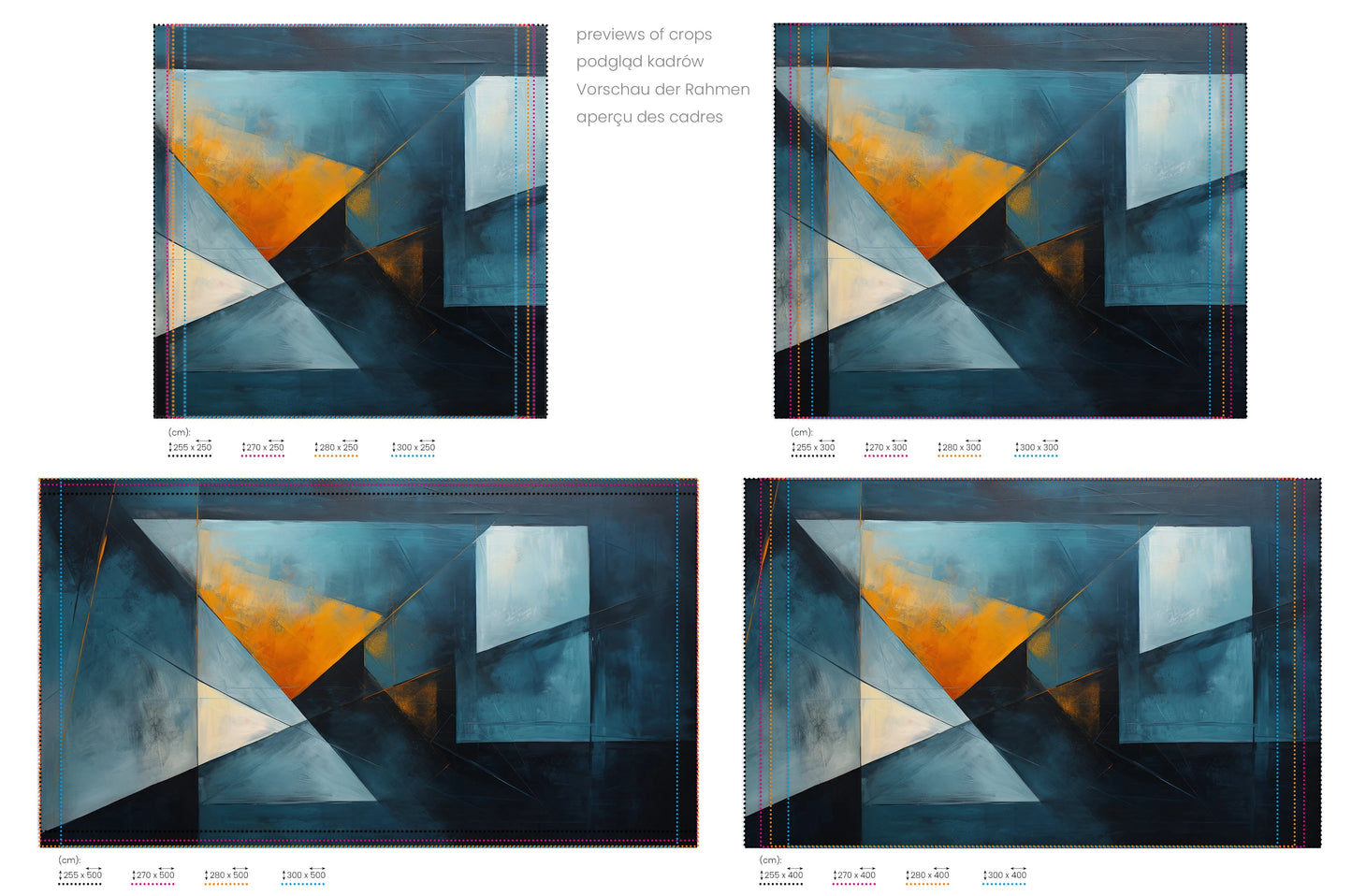 Na obrazie znajduje się prezentacja przykładowych rozmiarów fototapety o nazwie Colorful Geometry #2. Rozmiar fototapety jest dowolny.