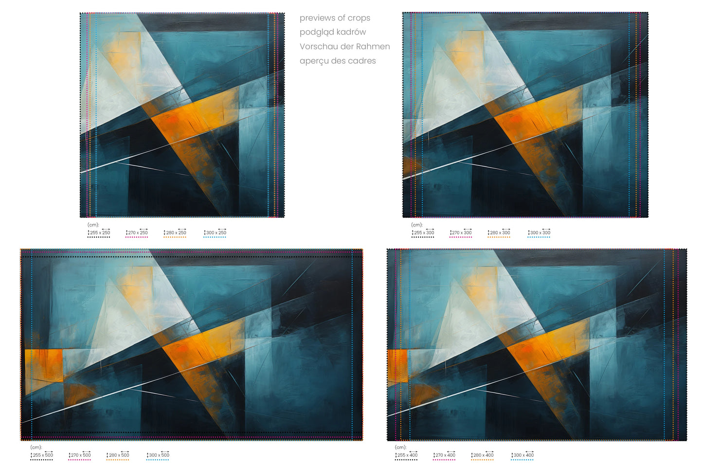 Na obrazie znajduje się prezentacja przykładowych rozmiarów fototapety o nazwie Abstract Depths. Rozmiar fototapety jest dowolny.