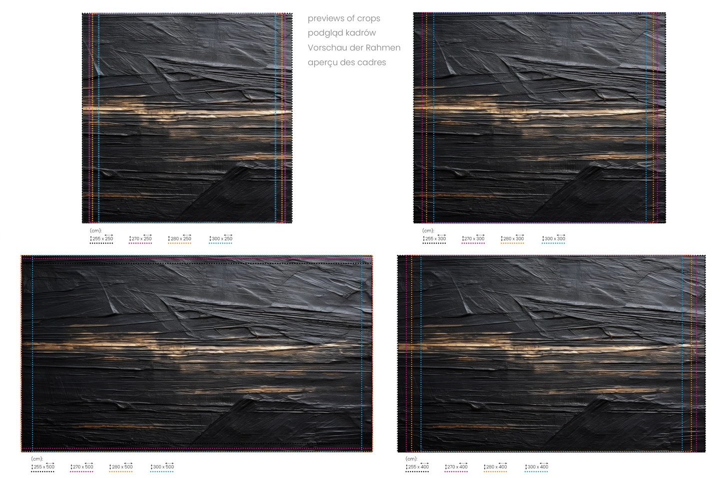 Na obrazie znajduje się prezentacja przykładowych rozmiarów fototapety o nazwie Textured Depths. Rozmiar fototapety jest dowolny.