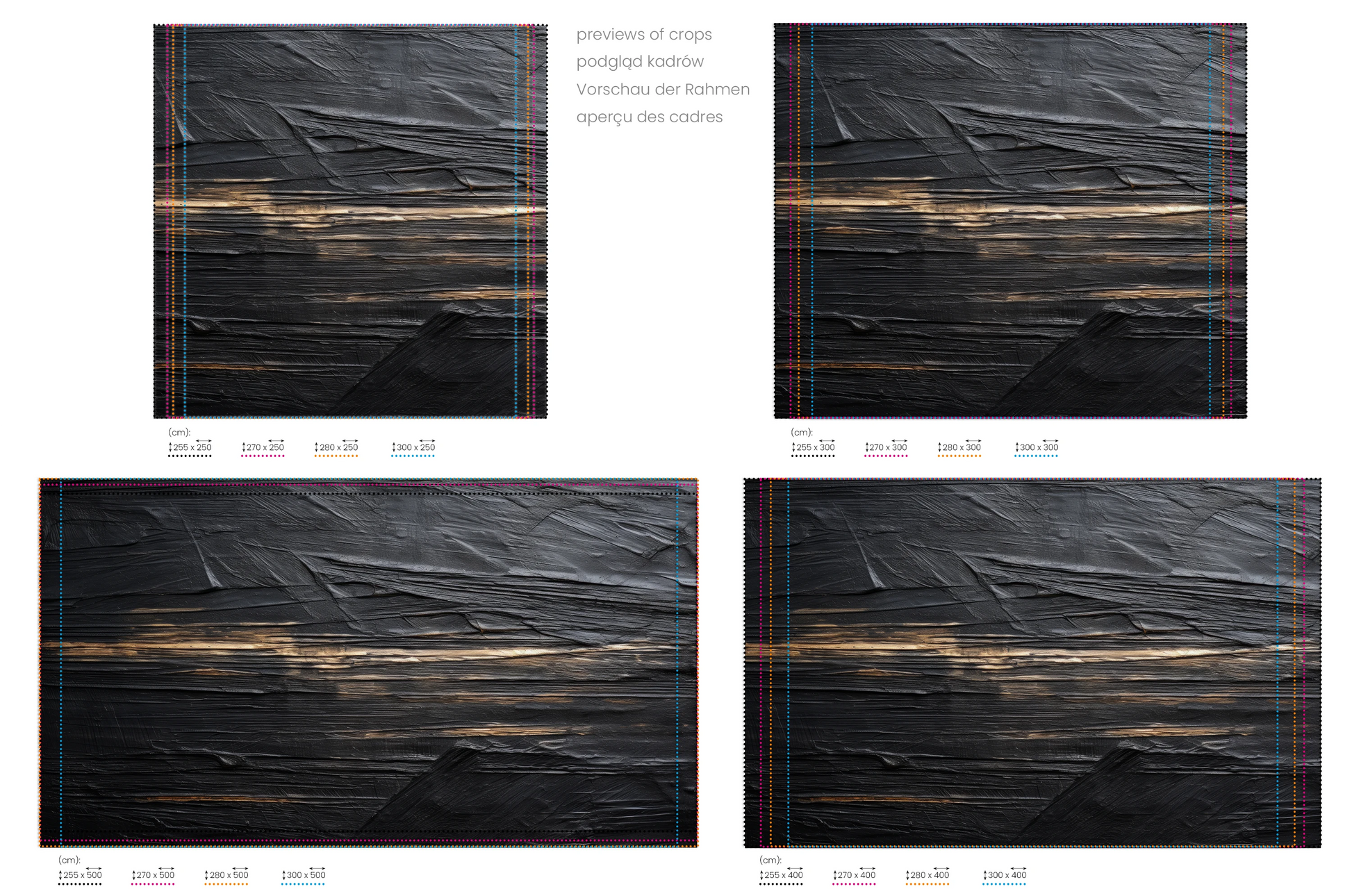Na obrazie znajduje się prezentacja przykładowych rozmiarów fototapety o nazwie Textured Depths. Rozmiar fototapety jest dowolny.
