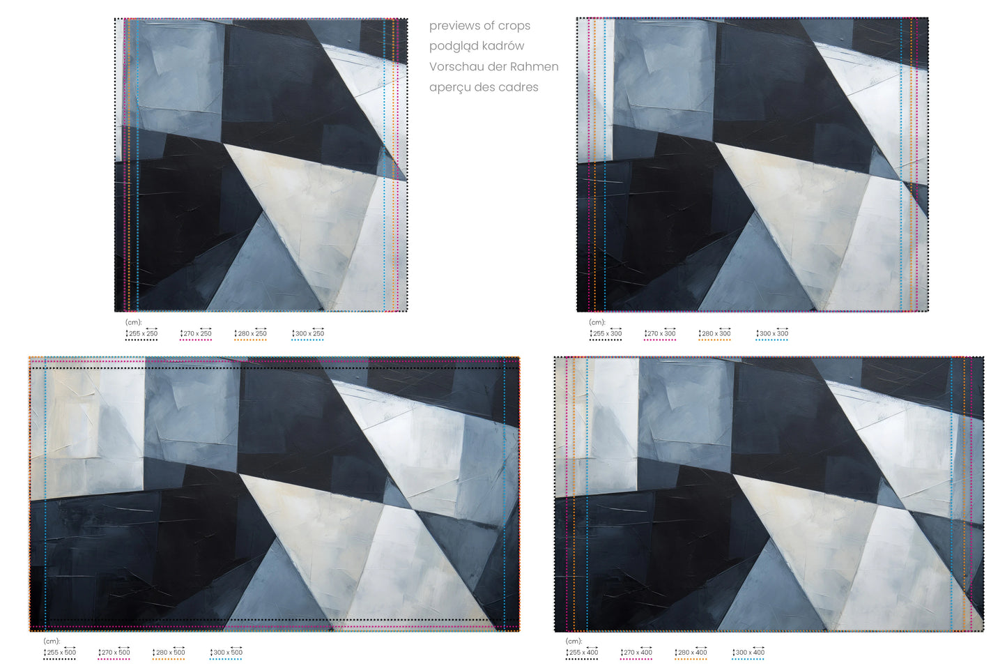 Na obrazie znajduje się prezentacja przykładowych rozmiarów fototapety o nazwie Geometric Ice. Rozmiar fototapety jest dowolny.