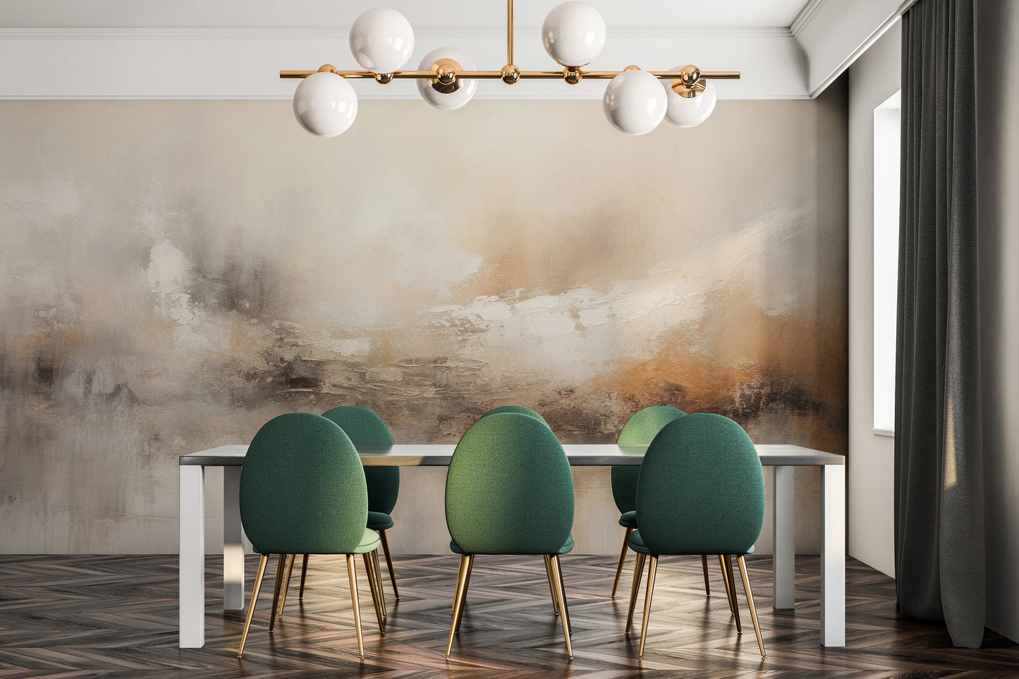 Wzór fototapety o nazwie ECHOES OF DAWN pokazanej w kontekście pomieszczenia.