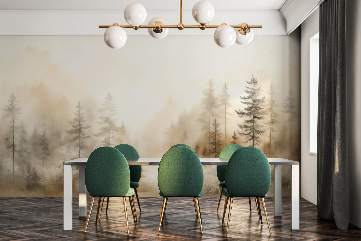 Wzór fototapety o nazwie GLOWING MIST FOREST PATH MURAL pokazanej w kontekście pomieszczenia.