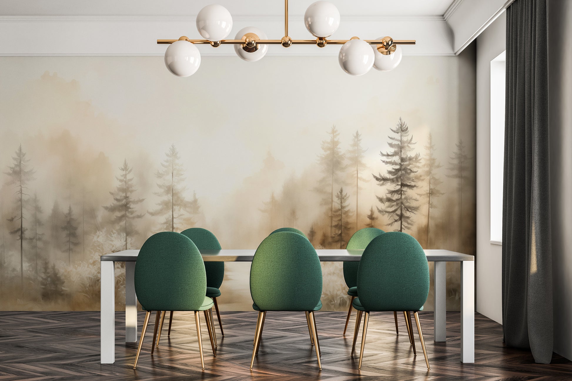 Wzór fototapety o nazwie GLOWING MIST FOREST PATH MURAL pokazanej w kontekście pomieszczenia.