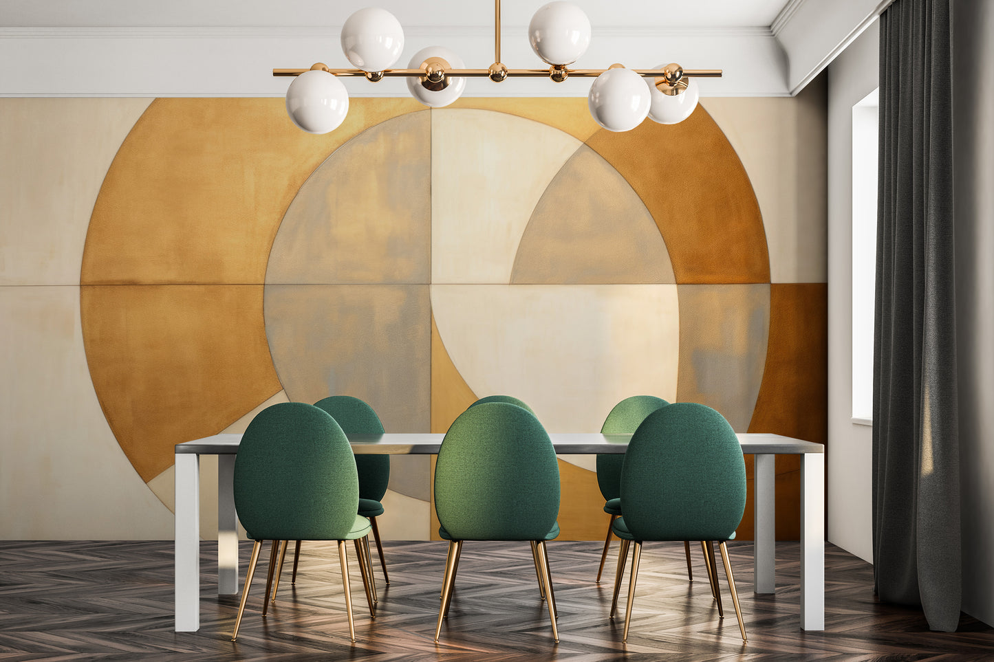 Wzór fototapety malowanej o nazwie GILDED CRESCENT SYMMETRY pokazanej w aranżacji wnętrza.