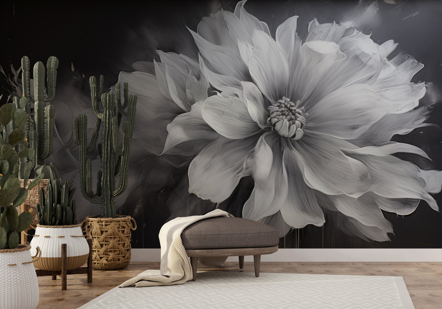 Wzór fototapety o nazwie NOIR FLORALE pokazanej w kontekście pomieszczenia.