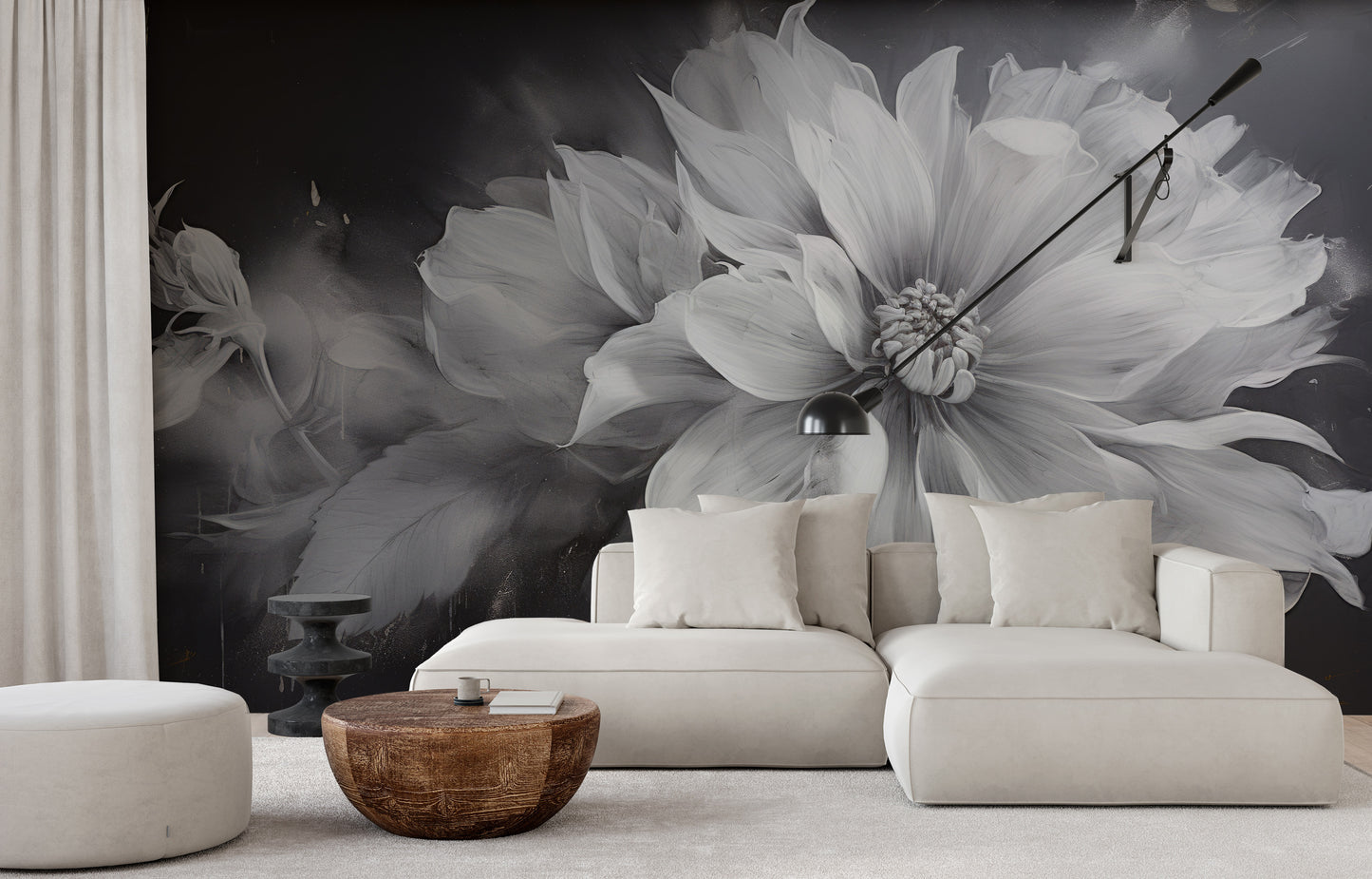 Wzór fototapety artystycznej o nazwie NOIR FLORALE pokazanej w aranżacji wnętrza.