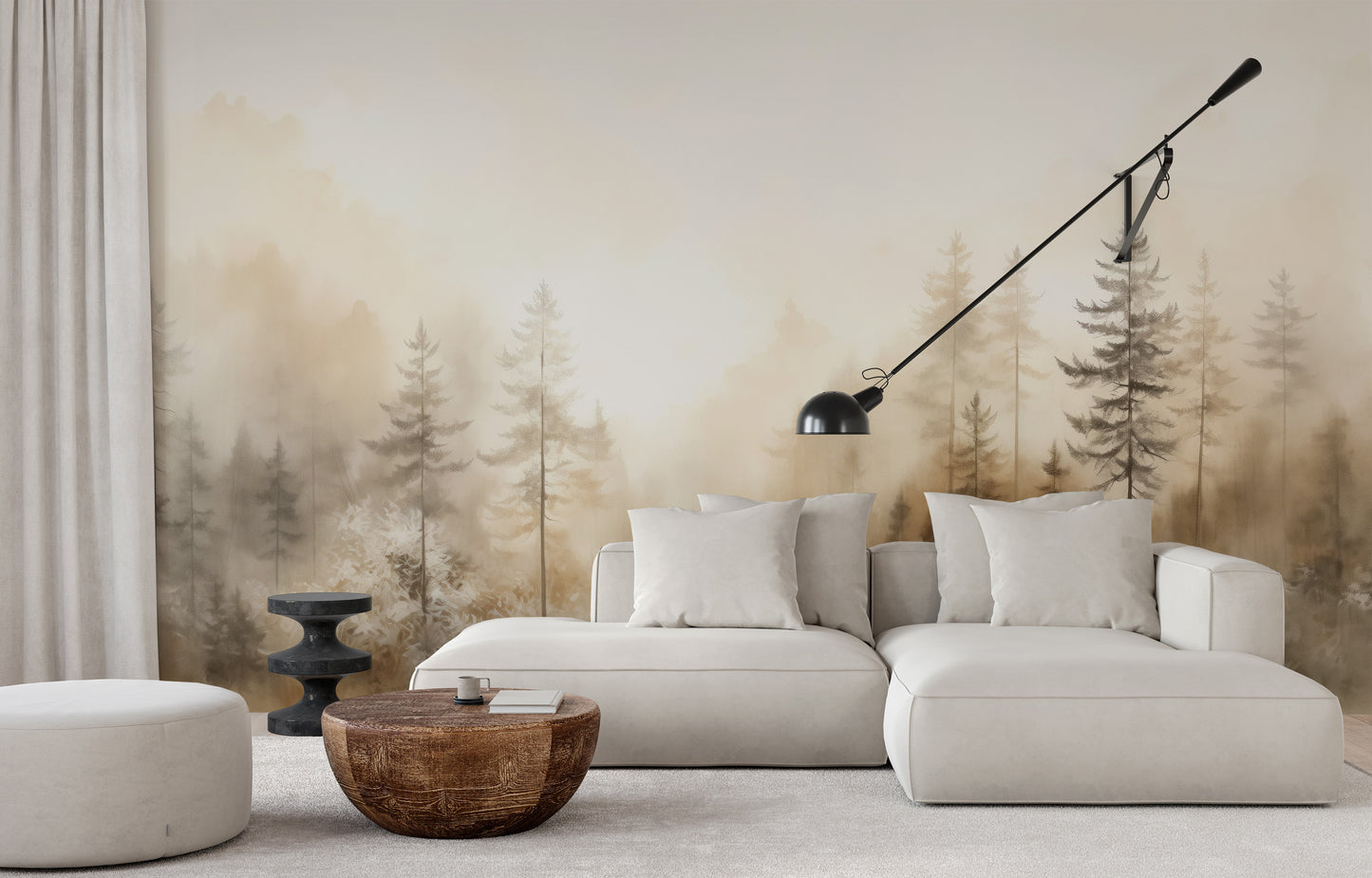 Wzór fototapety malowanej o nazwie GLOWING MIST FOREST PATH MURAL pokazanej w aranżacji wnętrza.