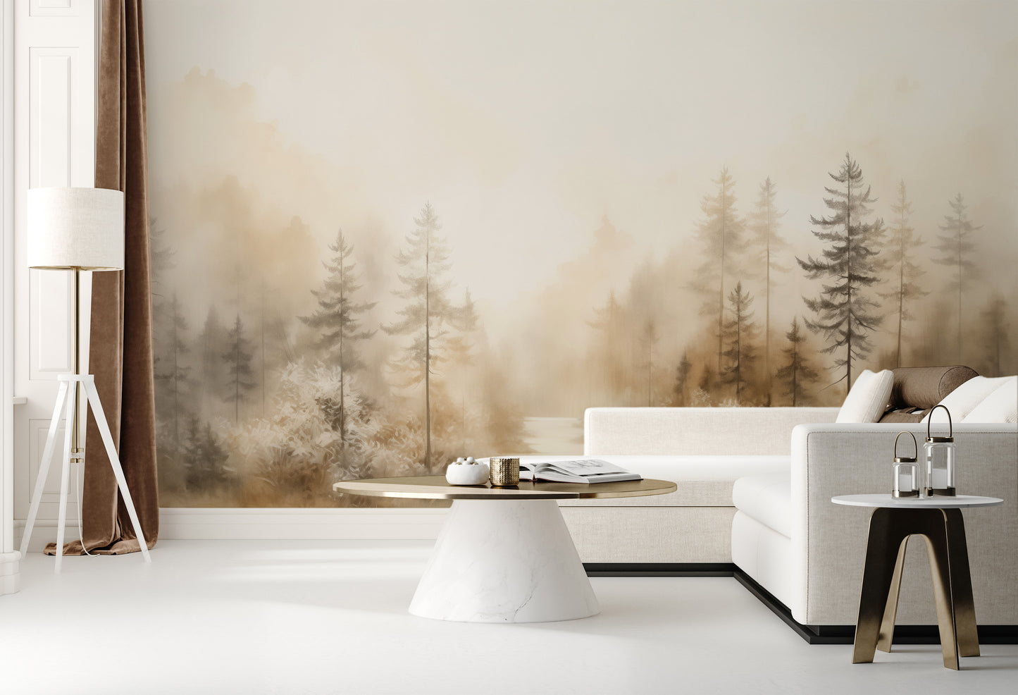 Zdjęcie prezentuje aranżację wnętrza z użyciem fototapety o nazwie GLOWING MIST FOREST PATH MURAL pokazanej w aranżacji wnętrza.