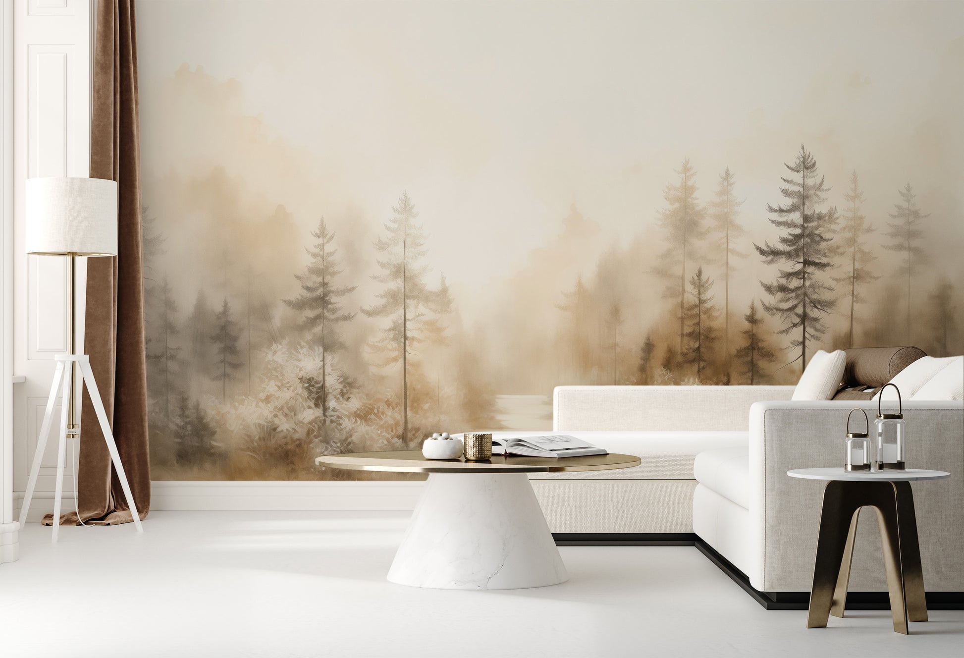 Zdjęcie prezentuje aranżację wnętrza z użyciem fototapety o nazwie GLOWING MIST FOREST PATH MURAL pokazanej w aranżacji wnętrza.
