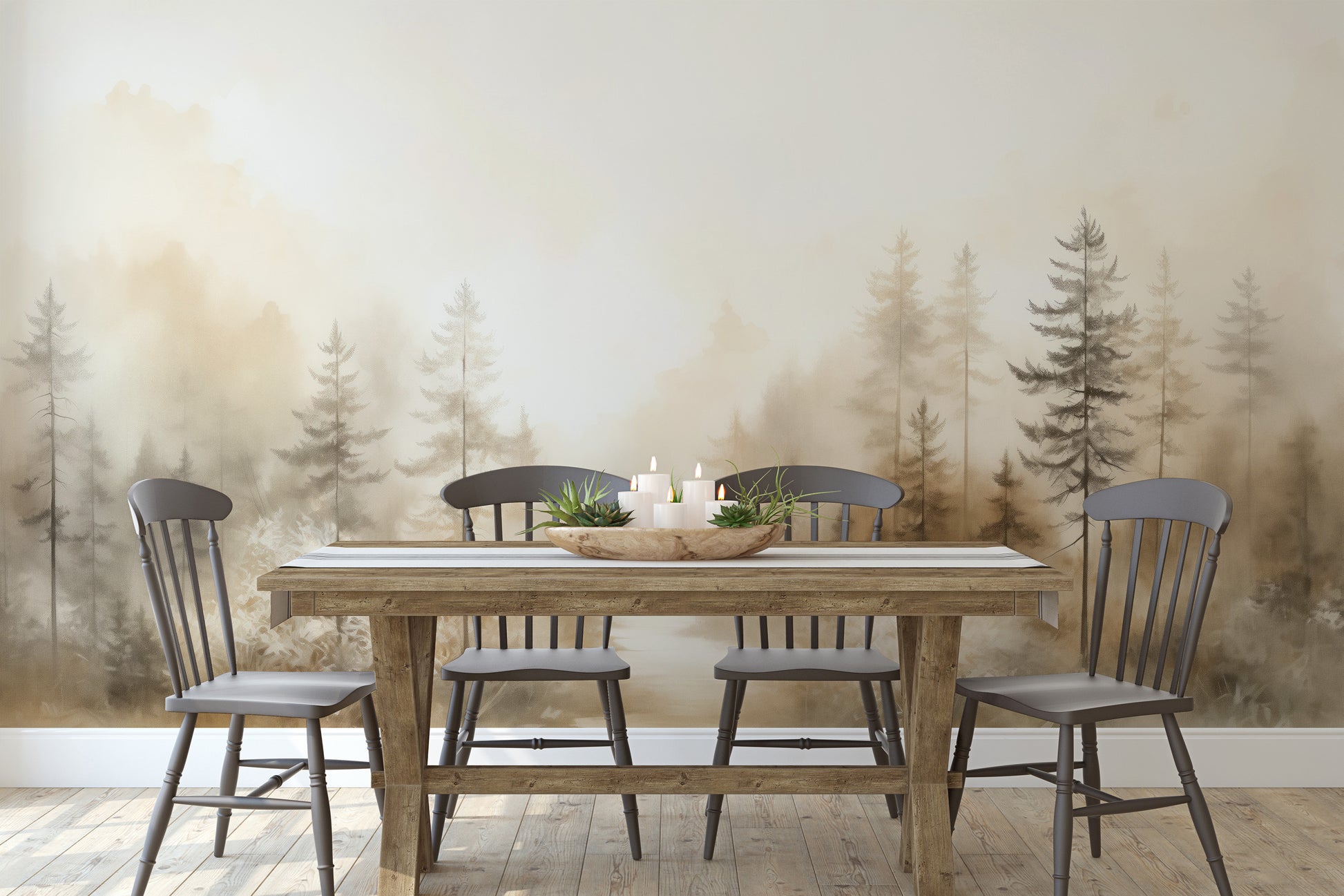 Fototapeta malowana o nazwie GLOWING MIST FOREST PATH MURAL pokazana w aranżacji wnętrza.